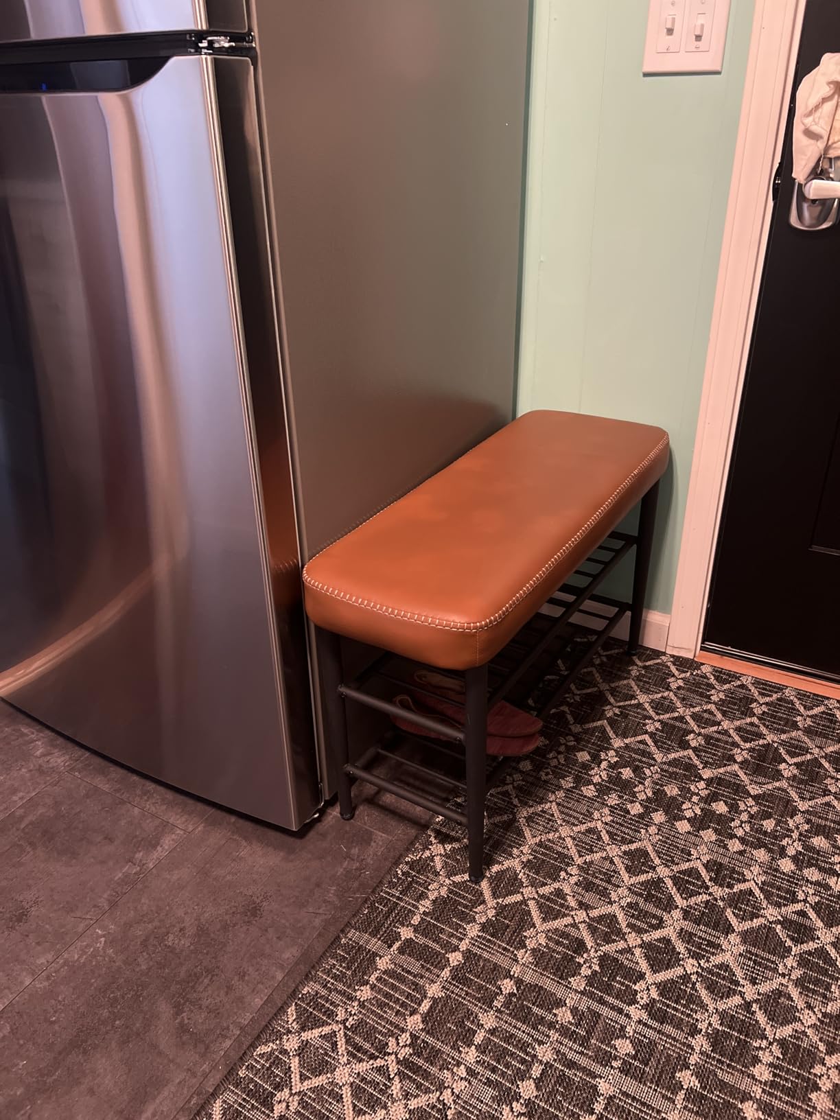 VASAGLE EKHO Collection - Shoe Rack Bench, Storage Bench for Entryway, Synthetic Leather with Stitching, Mid-Century Modern, Loads 300 lb, 11.8 x 31.5 x 19.7 Inches, Caramel Brown ULSB054K01 customer photo 1
