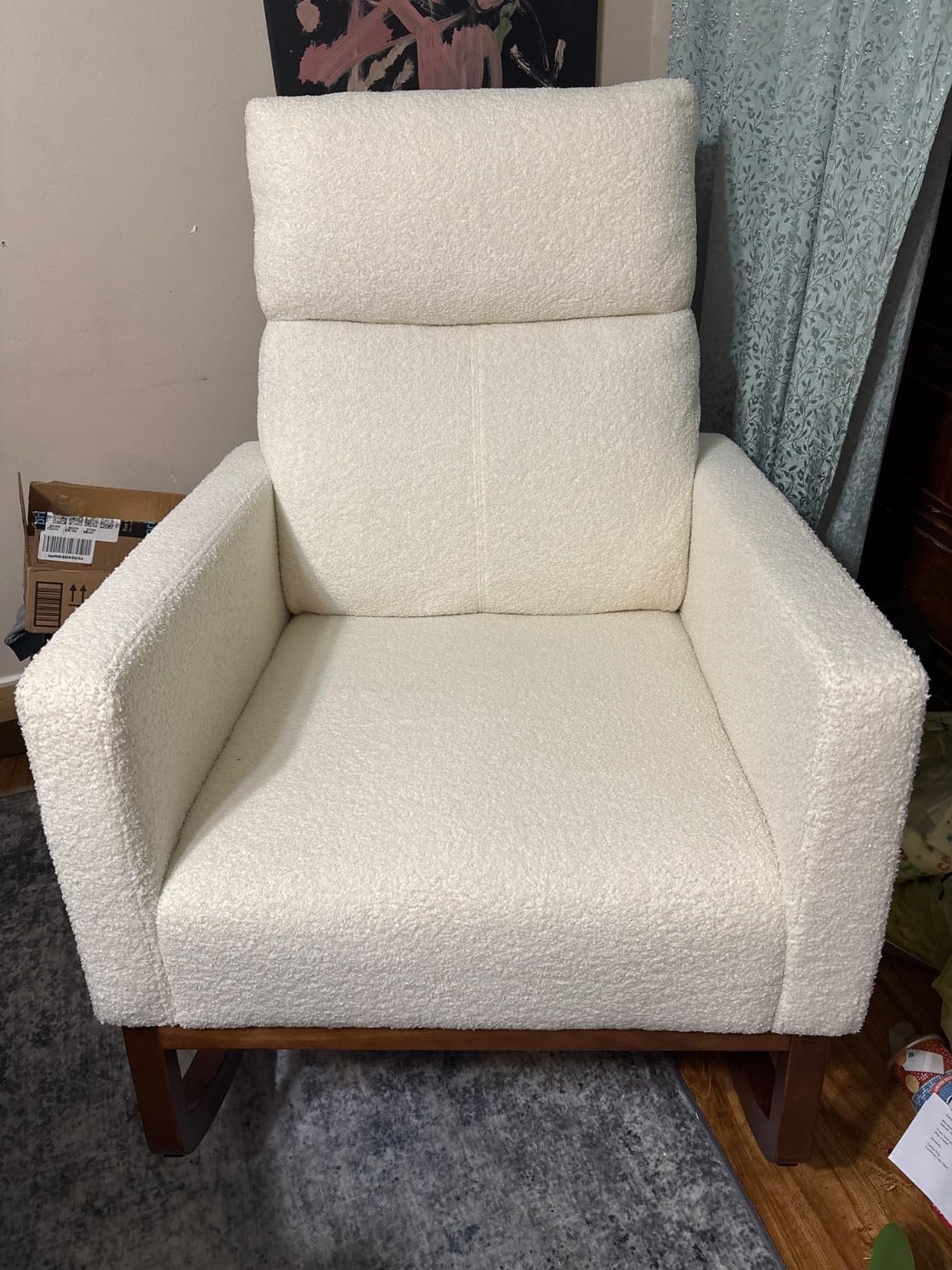Yaheetech 28in Wide Padded High Back Nursery Rocking Chair, Ivory Boucle | Thick Foam Glider Chair, Nursing Chair with High Back, Side Pockets, Rubberwood Base, Leisure Rocker for Living Room Bedroom customer photo 2