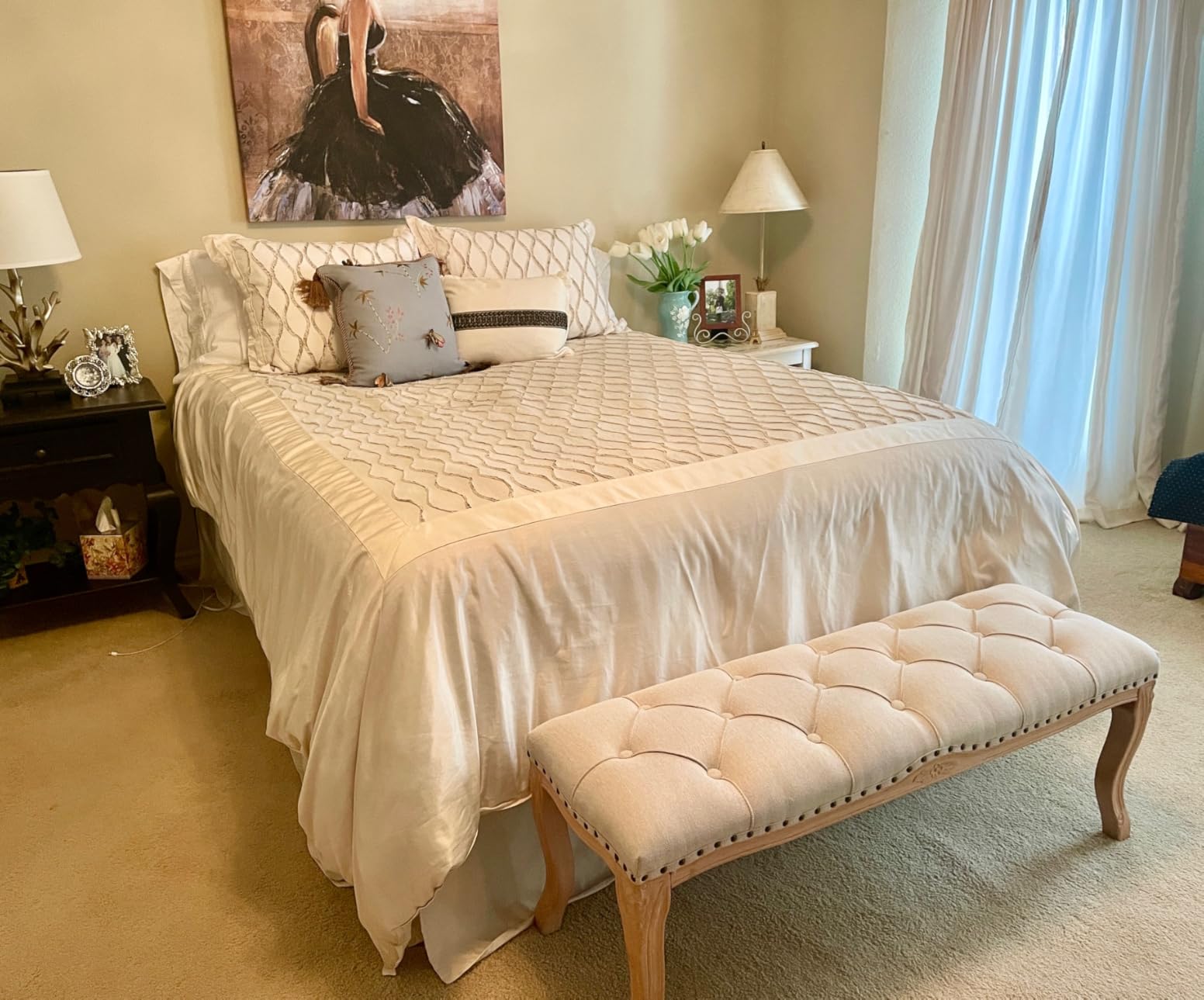 Bedroom Bench, French Vintage Tufted Entryway Bench, 45.2