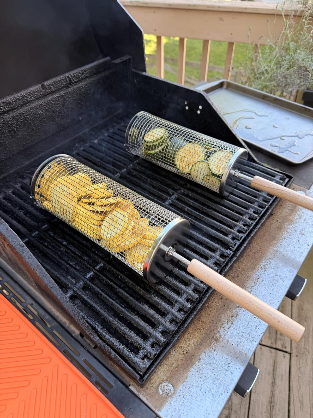 ivtivfu Rolling Grill Basket, Removable Wooden Handle, Nesting BBQ Tools - 304 Stainless Steel, Smoker Grilling Accessories for Vegetable, Outdoor Cooking Camping customer photo 1