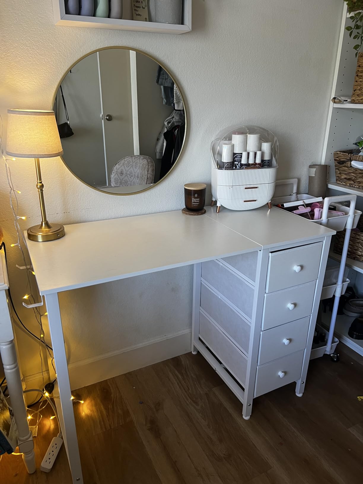 Lufeiya Small White Desk with Drawers for Bedroom, 40 Inch Kids Girls Study Desks, Reversible Computer Writing Nail Table with Fabric Drawer for Small Spaces Home Office Manicure customer photo 2
