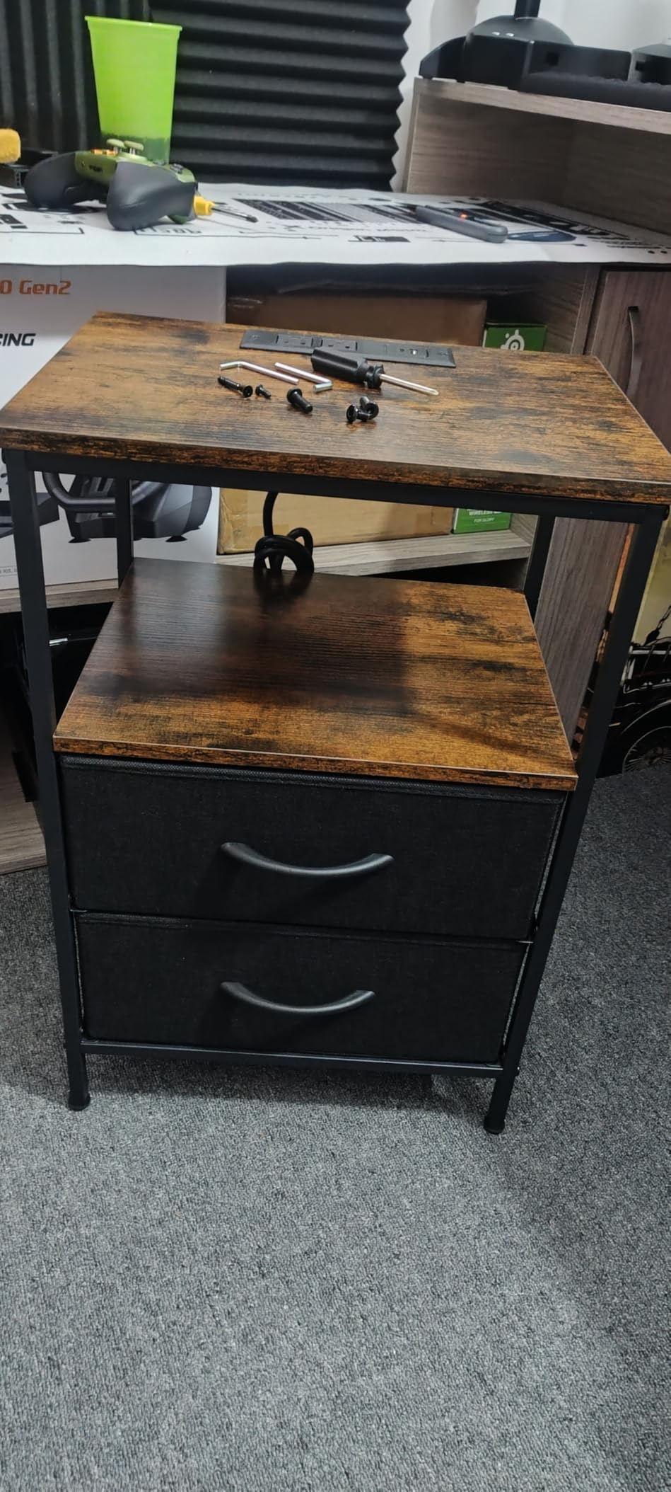 Huuger Nightstand with Charging Station, 27.6 Inch Bedside Table with Fabric Drawers, End Table with USB Ports and Outlets, Night Stand for Bedroom, Rustic Brown customer photo 2