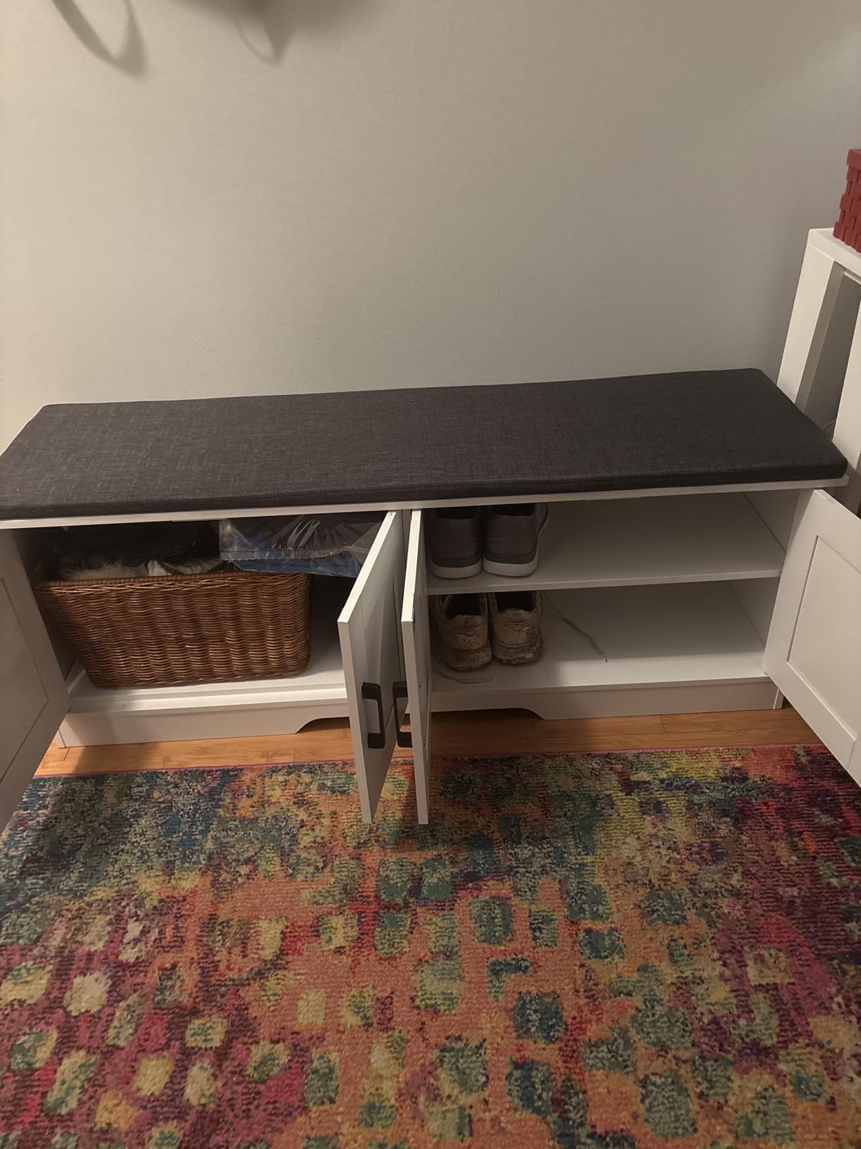 HOMSHO Farmhouse Shoe Storage Bench with 4 Barn Doors & Padded Seat Cushion | 47.2