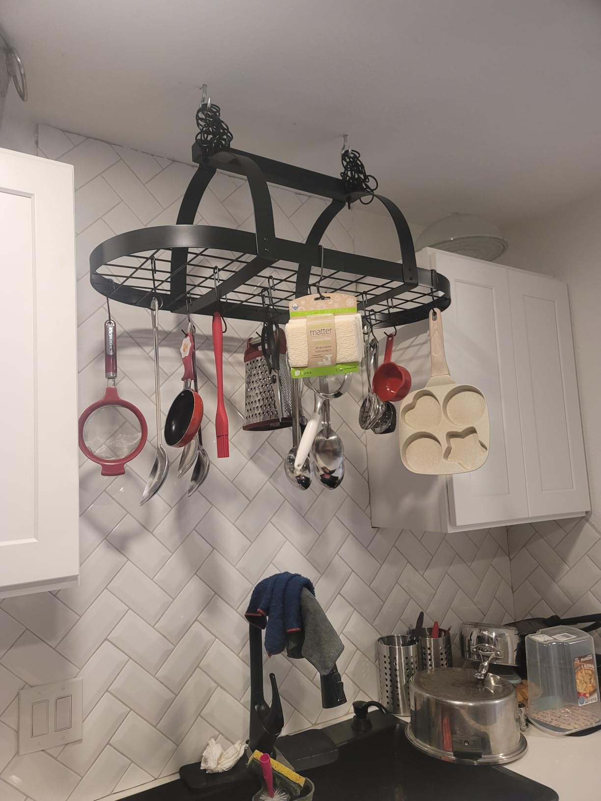 KES 48 Inch Large Hanging Pot Rack, Heavy Duty Oval Pot and Pan Hanging Rack Ceiling Mount, Pot Pan Hangers for Kitchen with 20 Hooks, Matte Black, (For 16