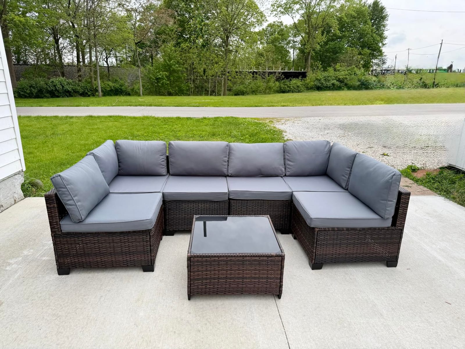 Qsun 7 Pieces Outdoor Patio Furniture Set, PE Rattan Outdoor Wicker Sectional Furniture Sofa Set, with Cushions and Glass Coffee Table, for Balcony, Porch, Garden, Grey customer photo 1