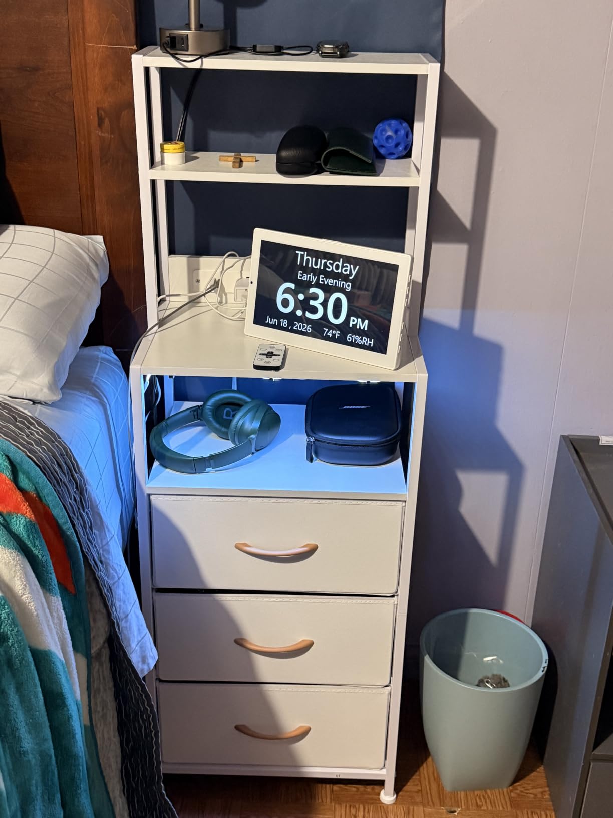 Furnulem Night Stand, Tall Nightstand with 4-Tier Shelves, 2 Fabric Drawers | LED Lights, Bed Side Tables with Charging Station, Bedside Table for Bedroom, Office, Dorm, Black Oak customer photo 1