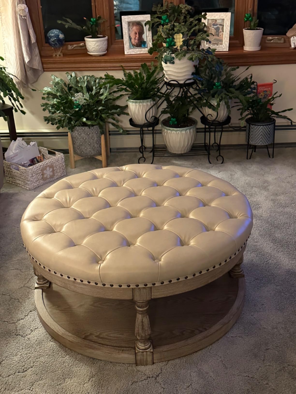 HULALA HOME Large Round Ottoman Coffee Table, 2-Tier Oversized Button Tufted Ottoman, with Wood Shelf Storage Farmhouse Upholstered, Coffee Table for Living Room Footrest, Linen customer photo 1