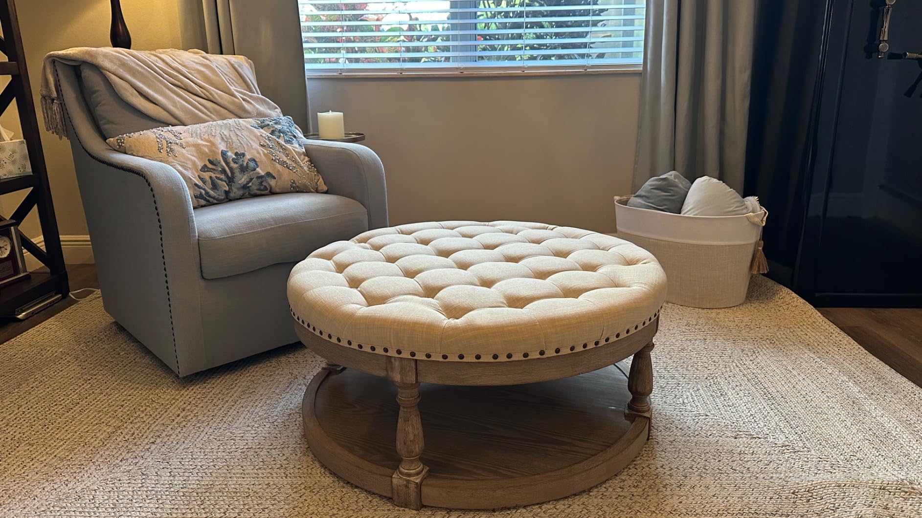 HULALA HOME Large Round Ottoman Coffee Table, 2-Tier Oversized Button Tufted Ottoman, with Wood Shelf Storage Farmhouse Upholstered, Coffee Table for Living Room Footrest, Linen customer photo 2