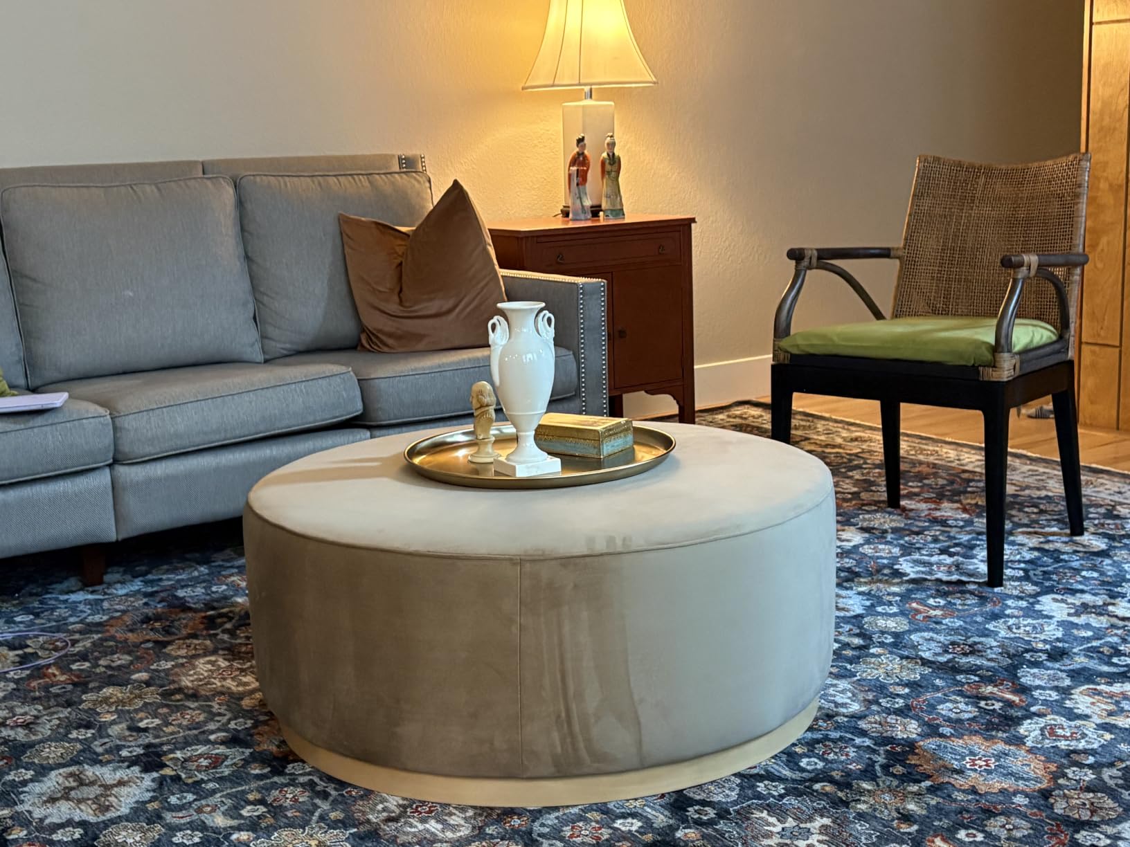 Modway Tilden 38 Inch Round Performance Velvet Upholstered Ottoman in Taupe Natural - Round Ottoman Coffee Table for Living Room, Large Ottoman Foot Rest with Rubberwood Plinth Base customer photo 1