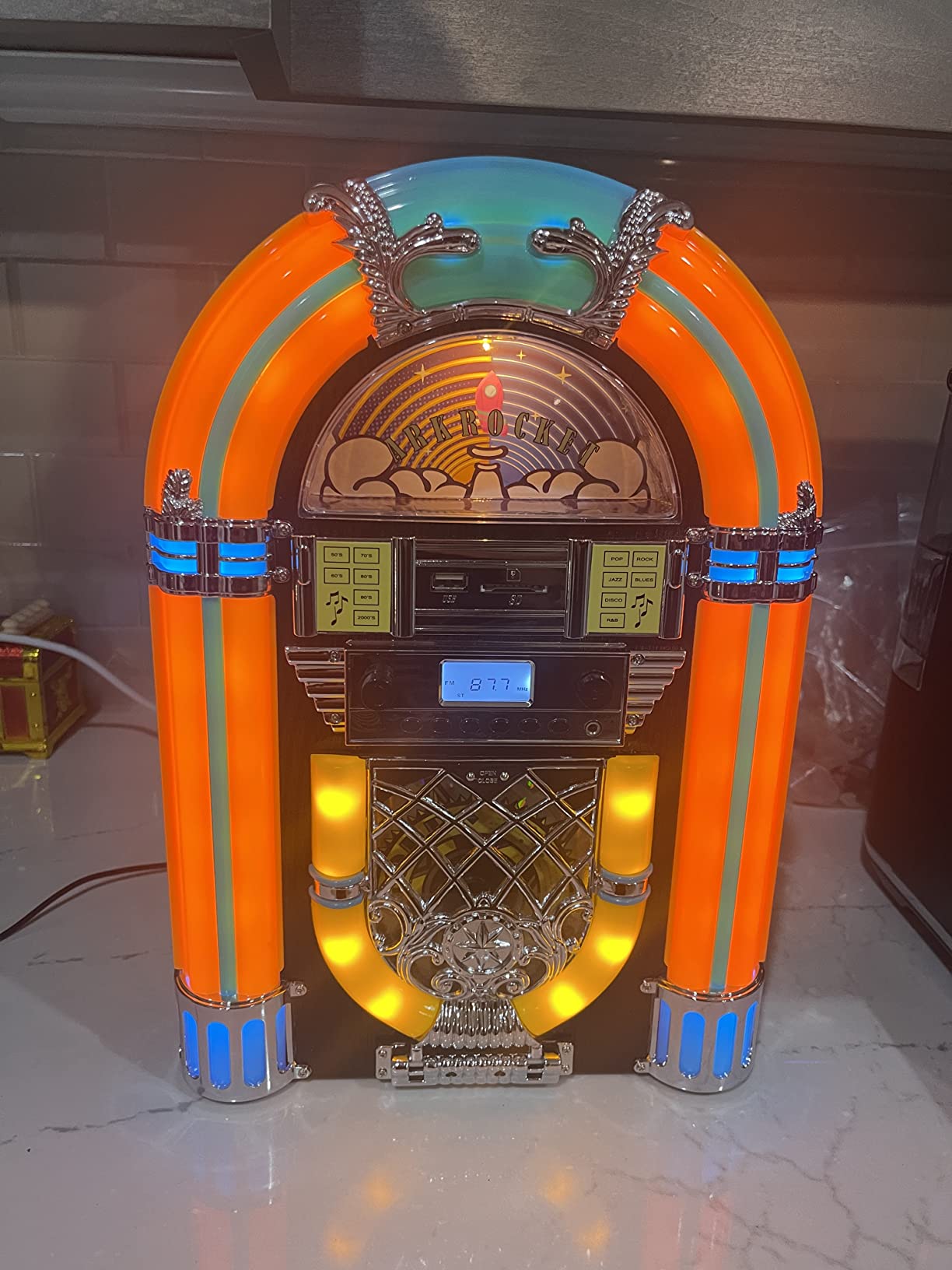 Athena Mini Jukebox/Tabletop CD Player/Bluetooth Speaker/Radio/USB and SD Card Player with Retro LED Lighting System (Black Golden) customer photo 1