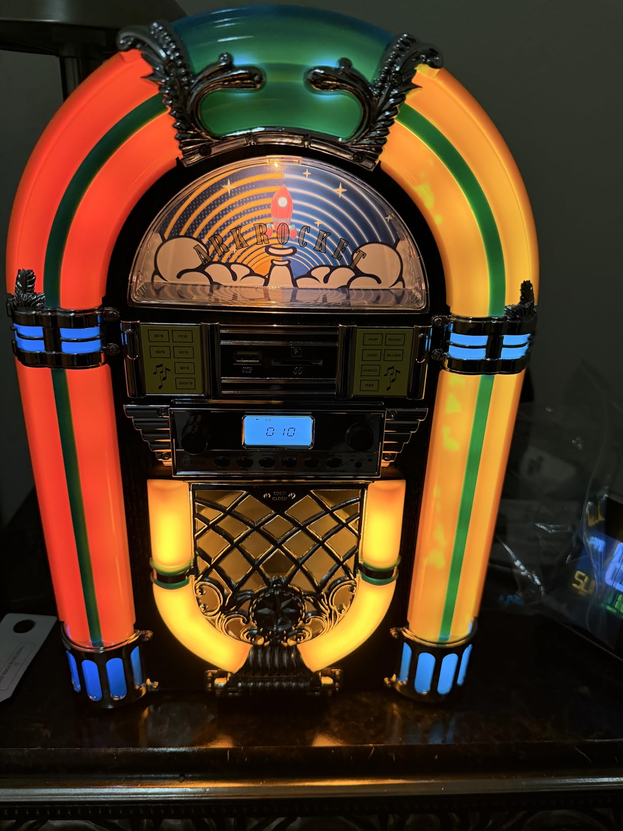 Athena Mini Jukebox/Tabletop CD Player/Bluetooth Speaker/Radio/USB and SD Card Player with Retro LED Lighting System (Black Golden) customer photo 2