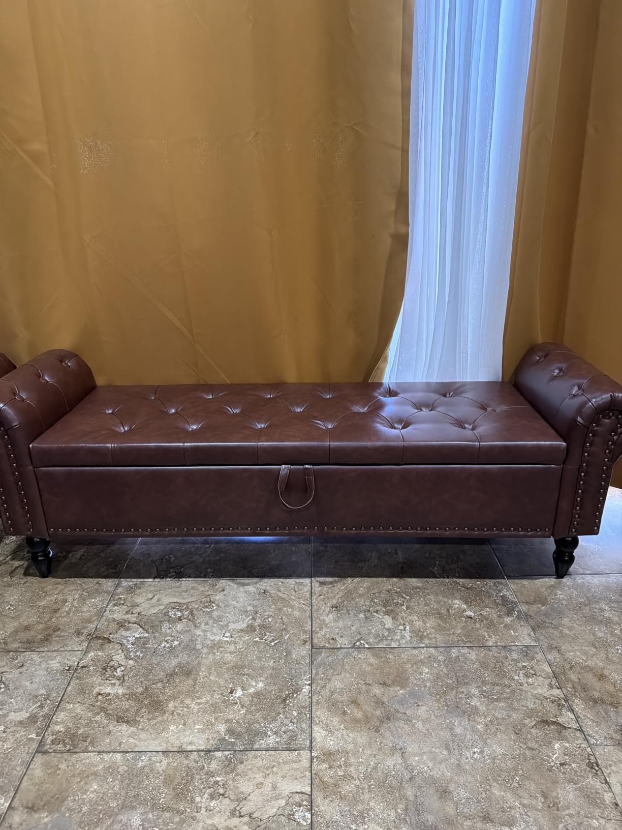 Storage Ottoman Bench, Leather Benches End of Bed Bench with Solid Wood Legs Upholstered Ottoman Bench with Storage Indoor Bench for Living Room with Rolled Arm, Entryway, YellowBrown customer photo 1