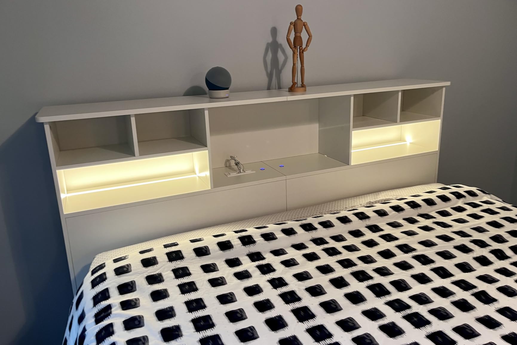 Queen/Full Size Headboard Only for Bedroom, Wood Bookcase Headboard with Charging Station & 2 LED Lights, Stylish Headboards for Queen Size Bed, Noise-Free HeadBoard with Storage, White customer photo 2