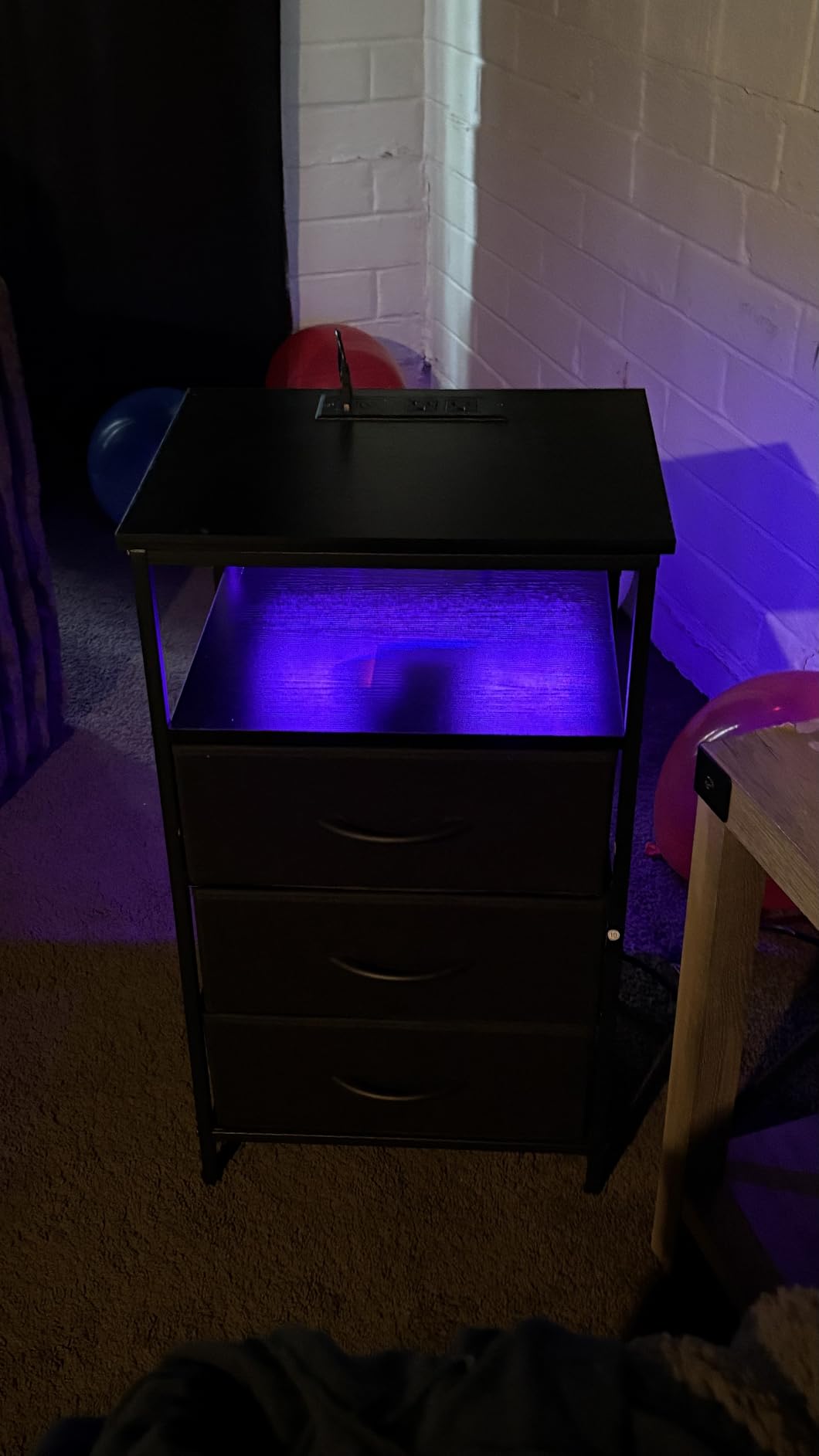 Huuger Night Stand with Charger Station and LED Lights, 3 Drawer Nightstand | Bed Side Table with Open Shelf End Table Tall Fabric Dresser for Bedroom, Black customer photo 1