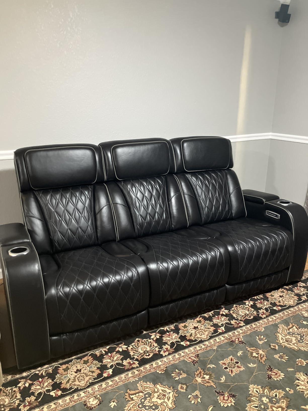 Signature Design by Ashley Boyington Contemporary Leather Match Power Reclining Sofa with USB Charging Ports, LED Lights and Adjustable Headrest, Light Gray customer photo 1