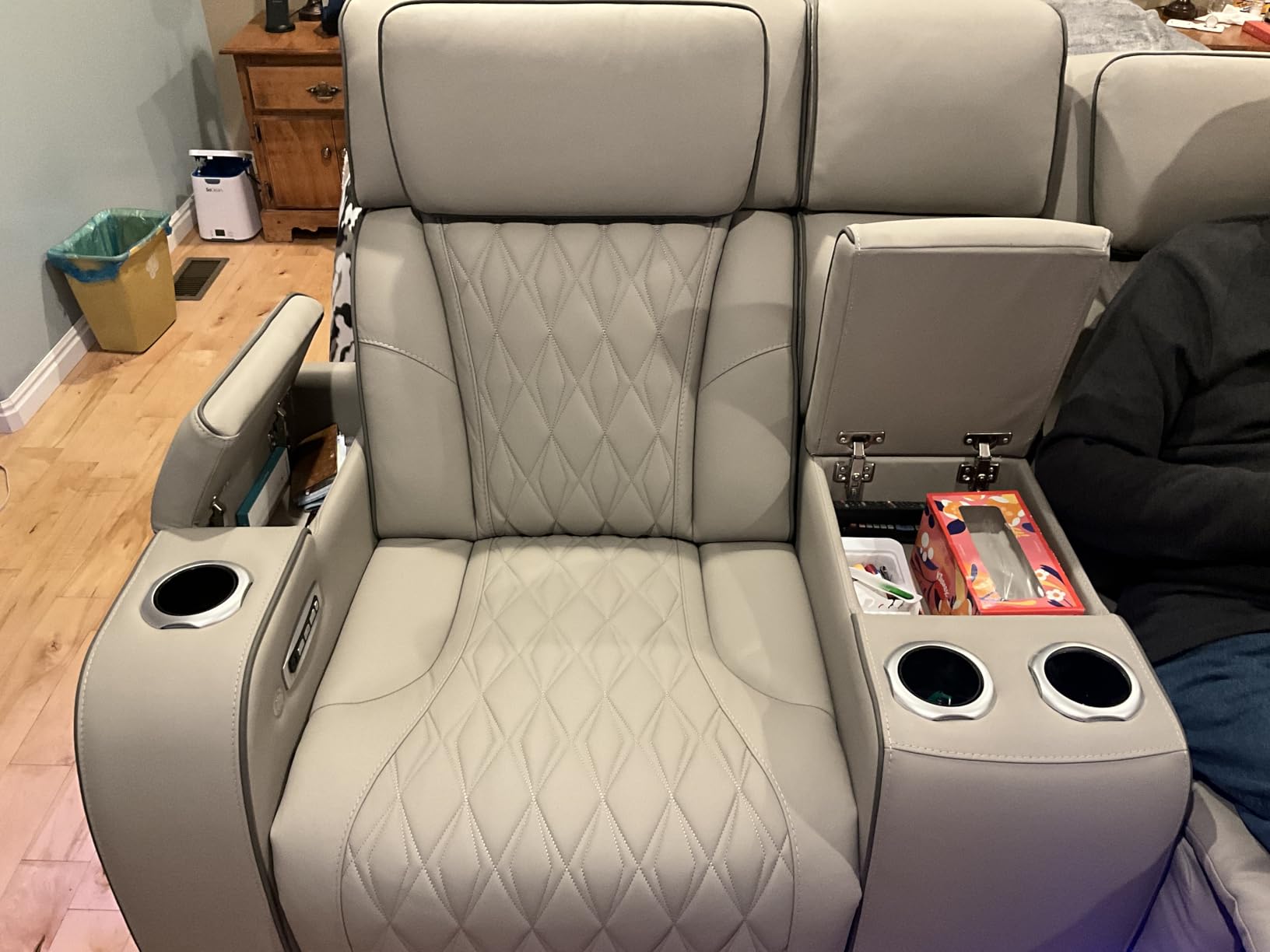 Signature Design by Ashley Boyington Contemporary Leather Match Power Reclining Sofa with USB Charging Ports, LED Lights and Adjustable Headrest, Light Gray customer photo 2