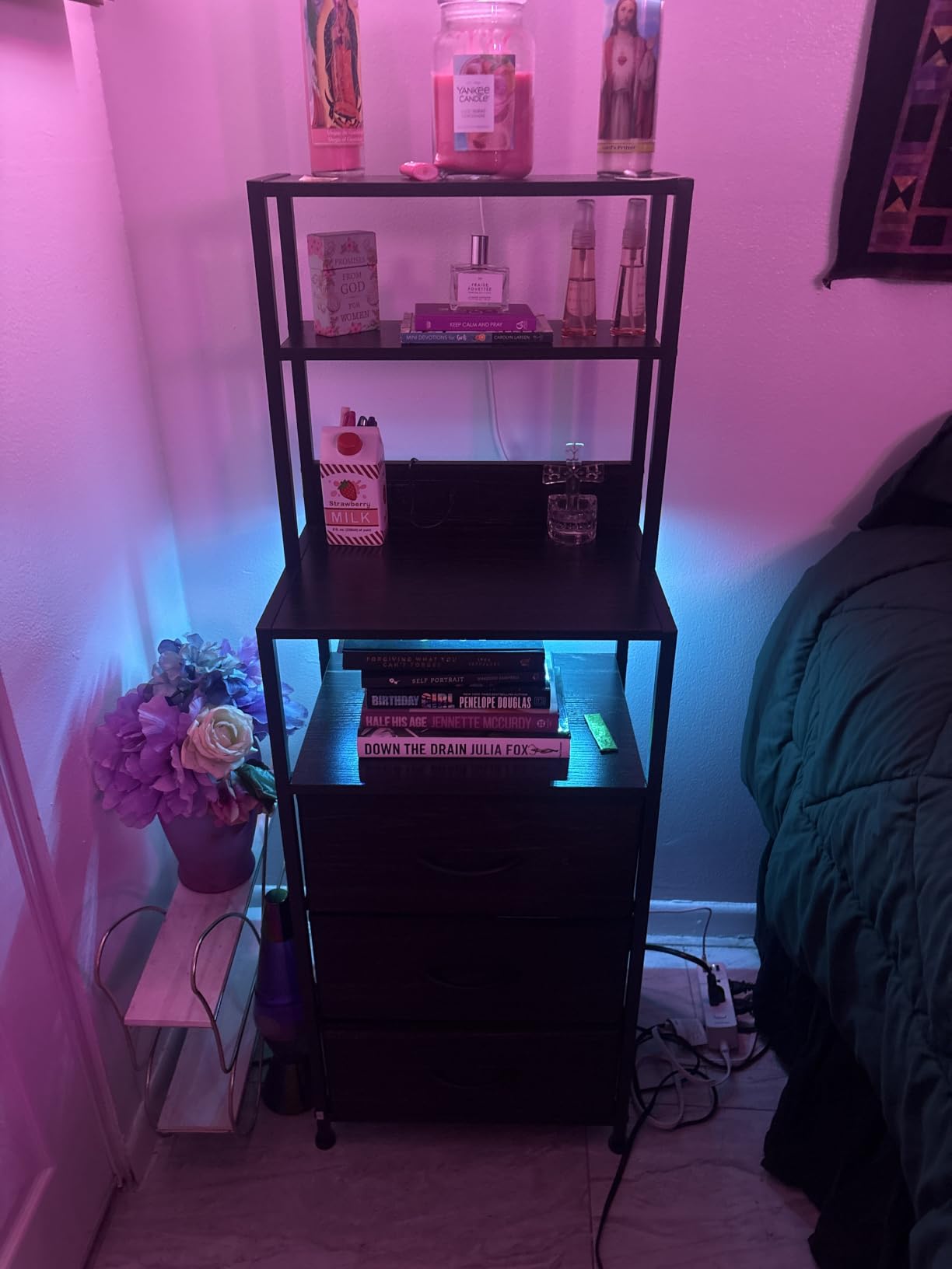 Furnulem Night Stand, Tall Nightstand with Charging Station for Bedroom | RGB LED Lights & USB Ports & Type-C, 3 Fabric Drawers and 4-Tier Shelves Bedside Table for Bedroom, Dorm Storage, Black Oak customer photo 2