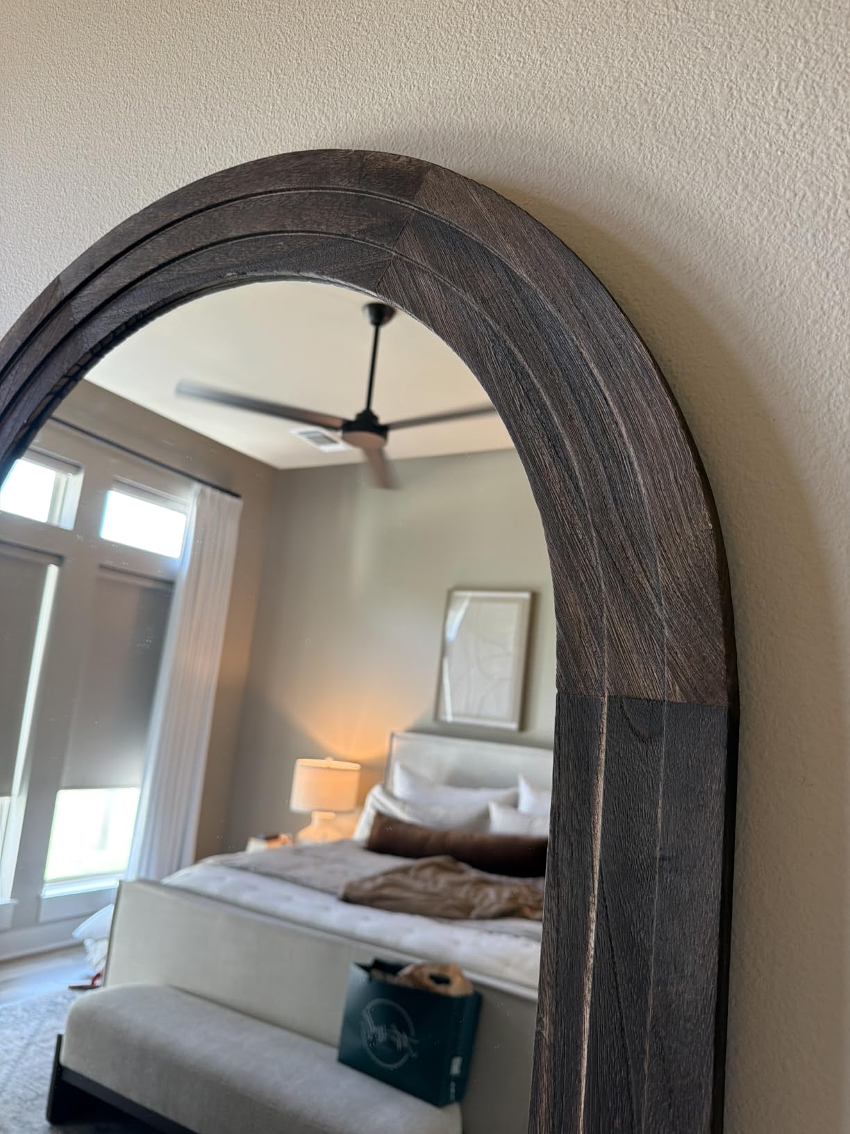 ZHUNFA Arched Full Length Mirror with Solid Wood Frame | 71x32 Farmhouse Wall Mounted Floor Mirror with Stand, Vertical Hanging, Leaning Standing for Bedroom, Living Room, Brown customer photo 2
