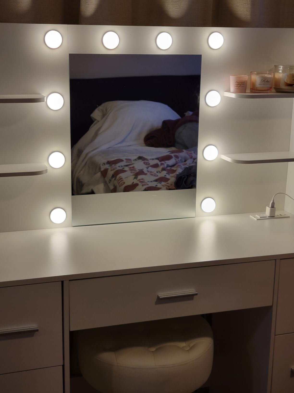 Furmax Vanity Desk with Mirror, LED Lights and Power Outlet Makeup Vanity Table with 7 Drawers and 6 Storage Shelves Dressing Table for Bedroom Dressing Room (White) customer photo 2