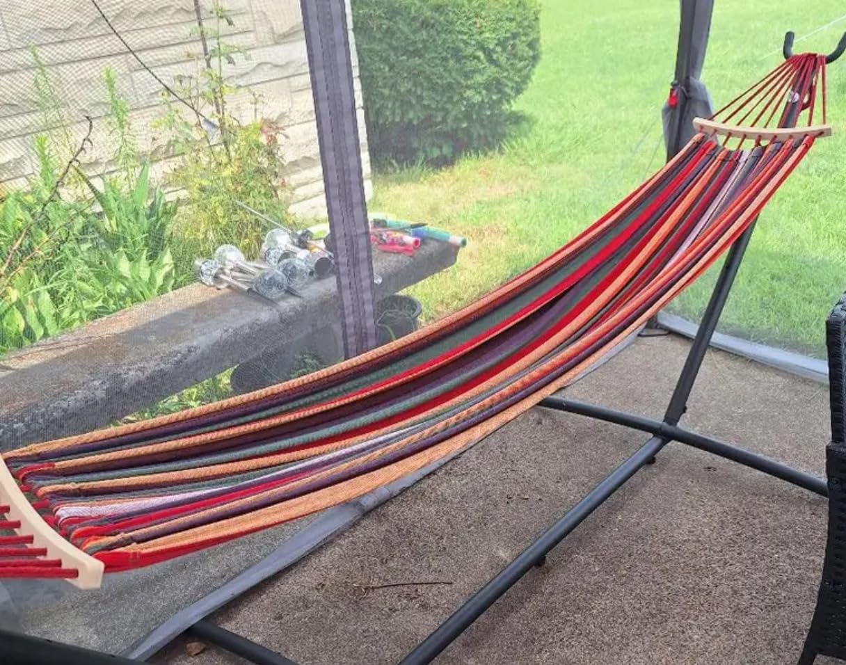 Everyfun Double Hammock with Stand for 2 Person, 600 lbs Heavy Duty Cotton Bed with Steel Stand, Free Standing for Outdoor Indoor Patio, Carrying Bag Included customer photo 2