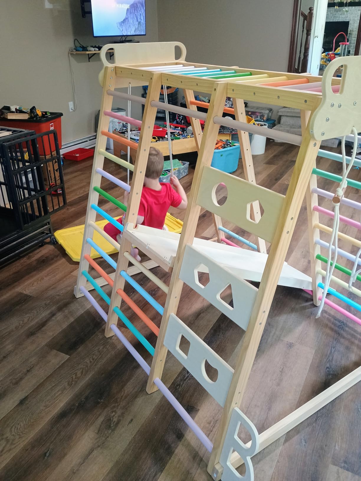 BlueWood Upgraded Indoor Jungle Gym 9-in-1 Playground Kids Climbing Toys - Waldorf Style Wooden Climber Playset with Slide, Swing, Monkey Bars, Upright/Rope Ladder, Climb Net, Rainbow customer photo 2