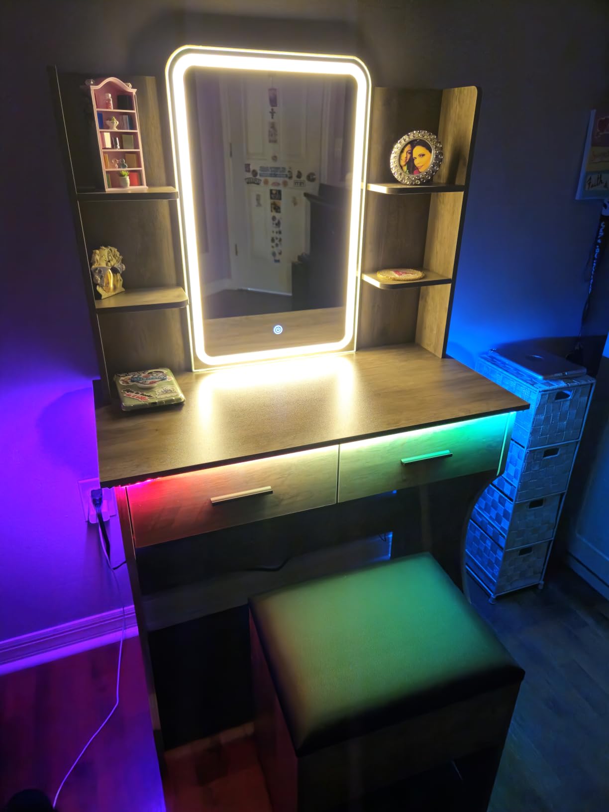 Vanity Desk with LED Lights Mirror & Power Outlet, Small Makeup Vanity Table Set with Storage Drawers & Chair, 3 Lighting Modes & Adjustable Brightness, Dressing Table for Women Girls Bedroom, White customer photo 2