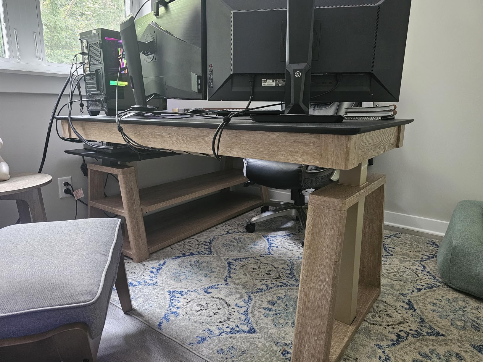 EUREKA ERGONOMIC Leather Standing Desk, 60 inch Executive Desk with Drawers, Modern Oak Grain X-Shaped Leg Sit Stand Desk, Charge Power Outlet Luxury Home Office Computer Desk customer photo 1