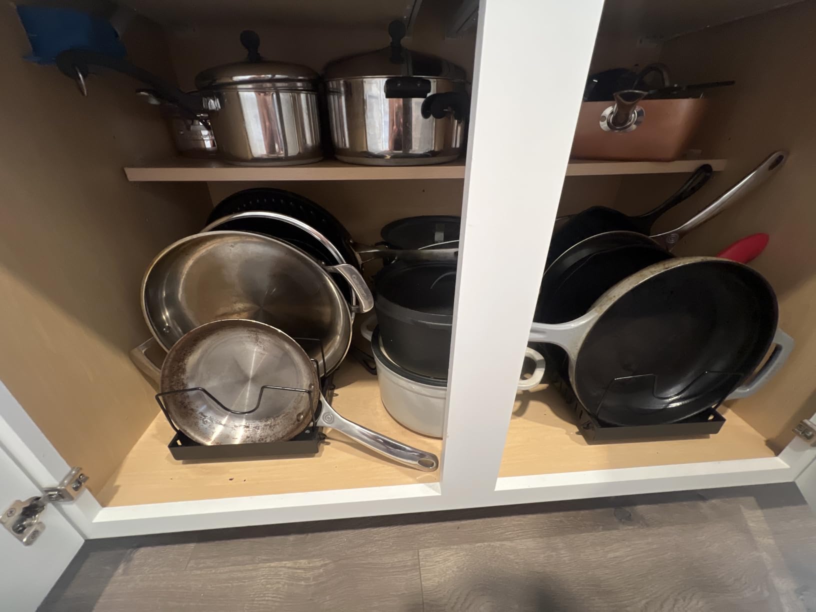 Lozovin Pull Out Pots and Pans Organizer Under Cabinet, Sliding Lid Holder and Pan Rack in Kitchen, Slide Out Inside Cabinet Storage for Pot Lid, Bakeware, Dishes, 8 Adjustable Dividers, 2 Pack Black customer photo 2
