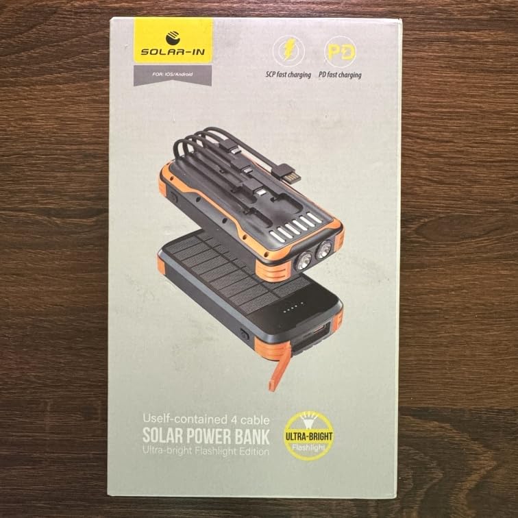 Solar Power Bank 40000mAh PD20W Fast Charging Portable Solar Charger | Built-in 4 Cables, 3 Ports, Dual Bright Flashlight, External Battery Pack for Camping, Hiking, and Outdoor Use, Orange customer photo 1