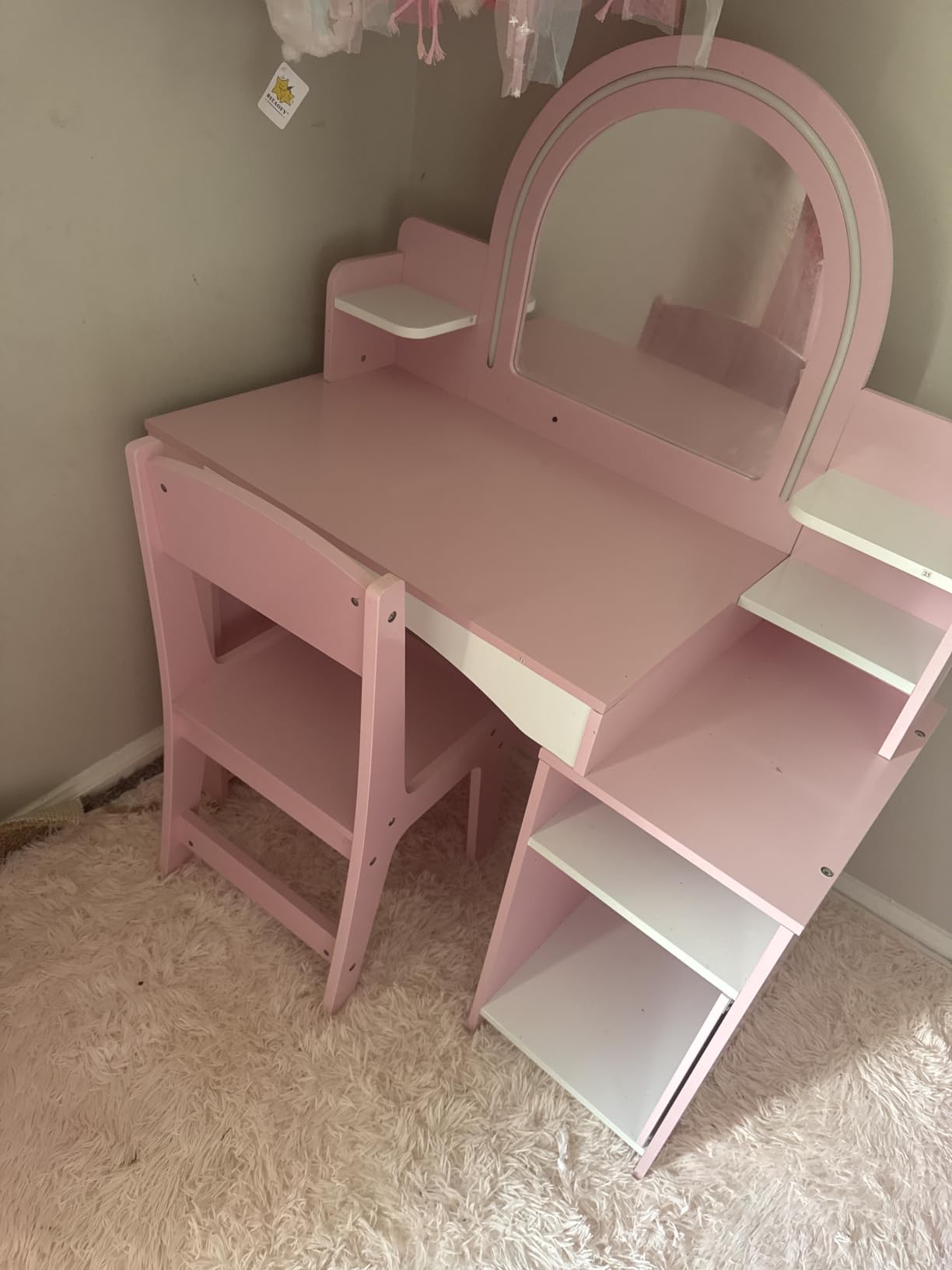 MU Kids Vanity with Lights, Princess Makeup Vanity Desk with Open Bookshelf, Storage Cabinet & Shelves, 2 in 1 Toddler Vanity Table & Chair Set with Lighted Mirror for Little Girls (White) customer photo 1