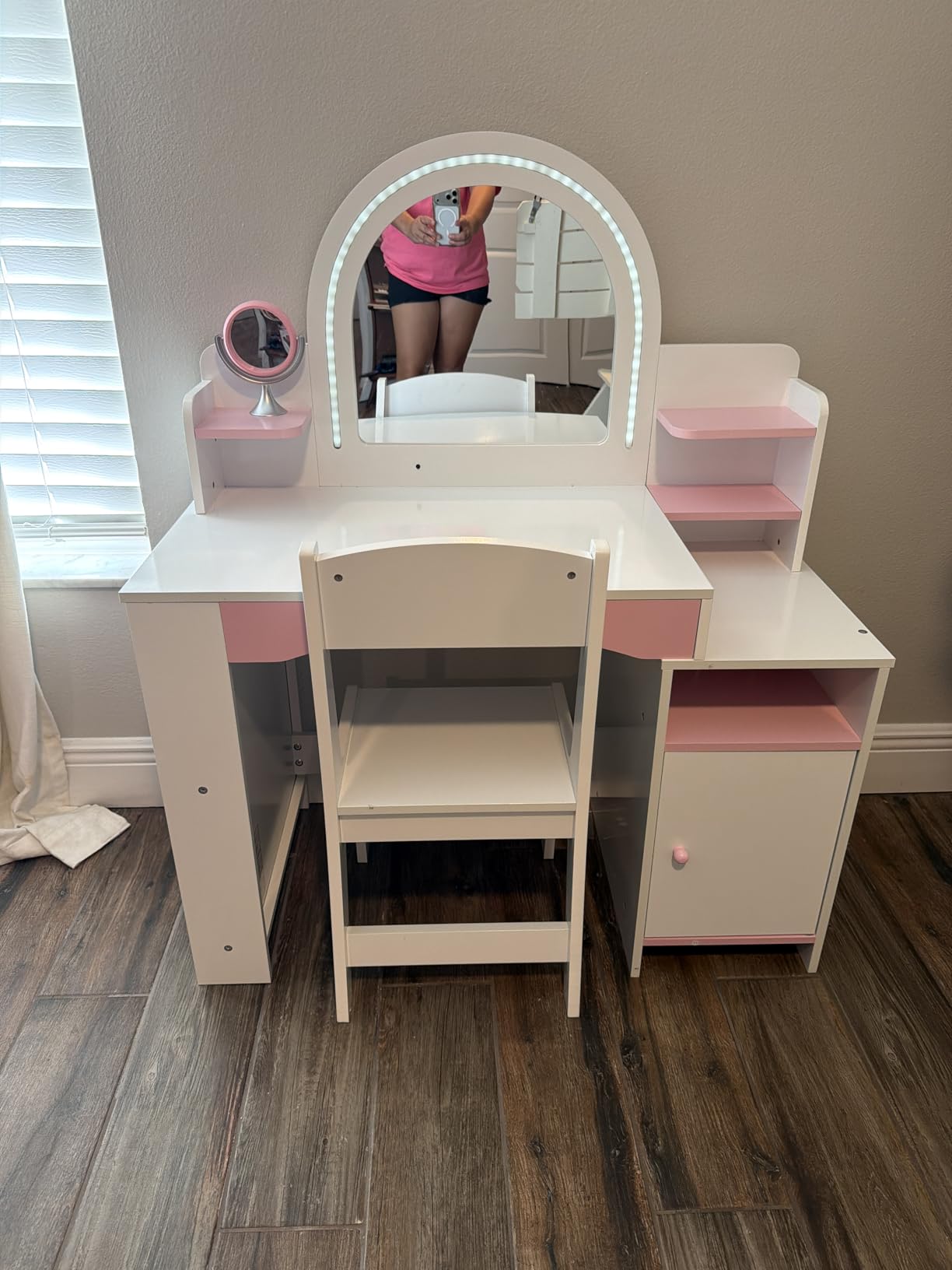 MU Kids Vanity with Lights, Princess Makeup Vanity Desk with Open Bookshelf, Storage Cabinet & Shelves, 2 in 1 Toddler Vanity Table & Chair Set with Lighted Mirror for Little Girls (White) customer photo 2