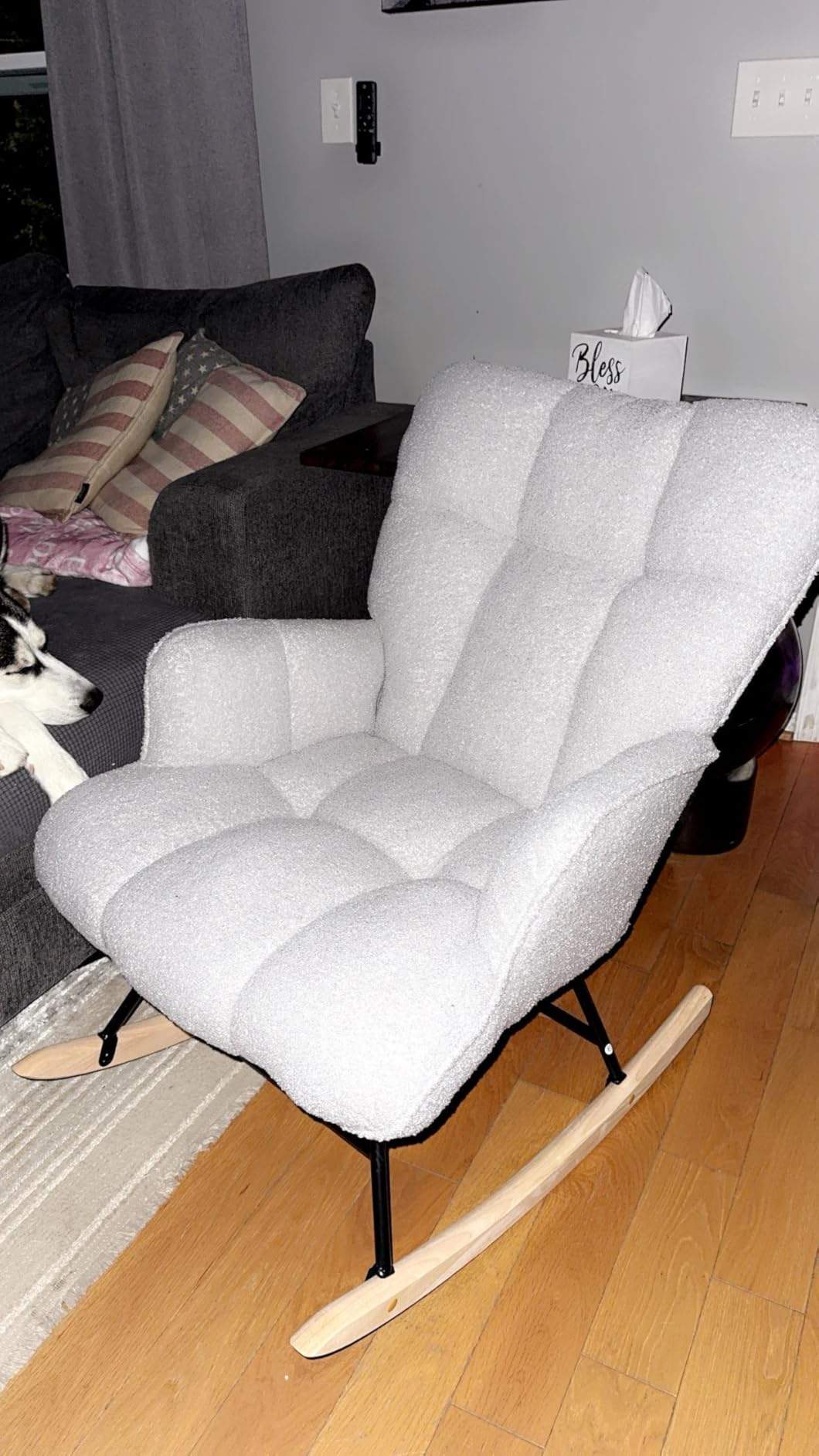 Rocking Chair Nursery Teddy Upholstered Glider Rocker Rocking Accent Chair Padded Seat with High Backrest Armchair Comfy Side Chair for Living Room Bedroom Offices (Grey Teddy) customer photo 1