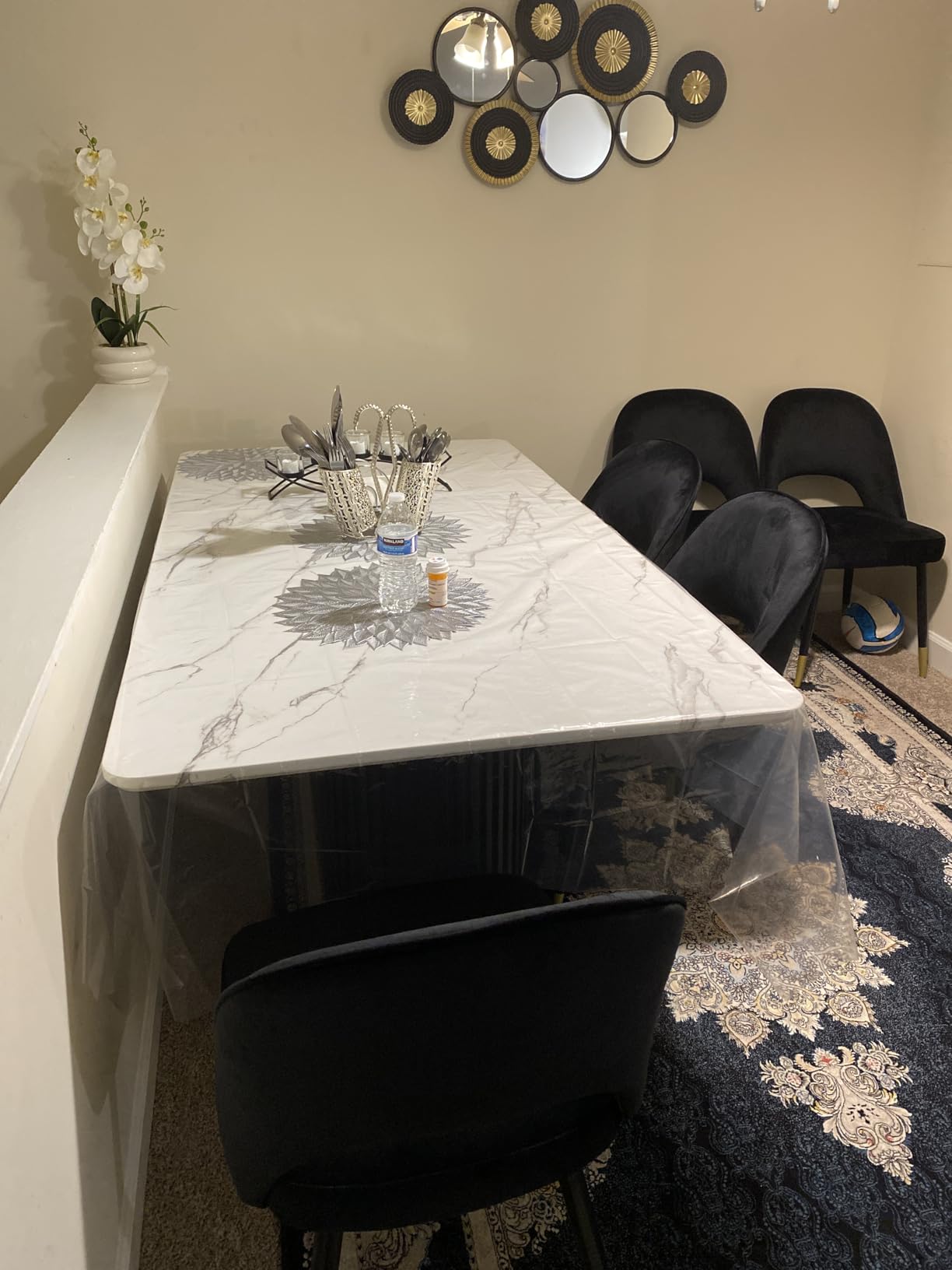 Morden Fort Marble Dining Table for 6 with Fluted Base and White Marble Top | Rectangle, Modern, Faux Marble, Gold Trim customer photo 1