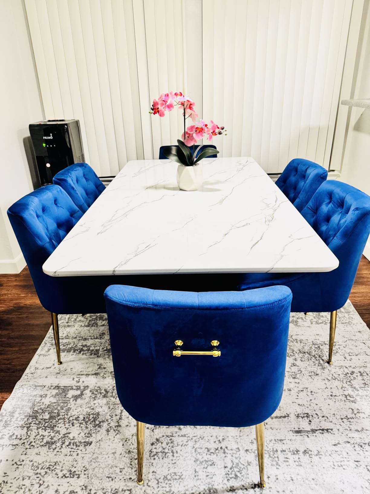 Morden Fort Marble Dining Table for 6 with Fluted Base and White Marble Top | Rectangle, Modern, Faux Marble, Gold Trim customer photo 2