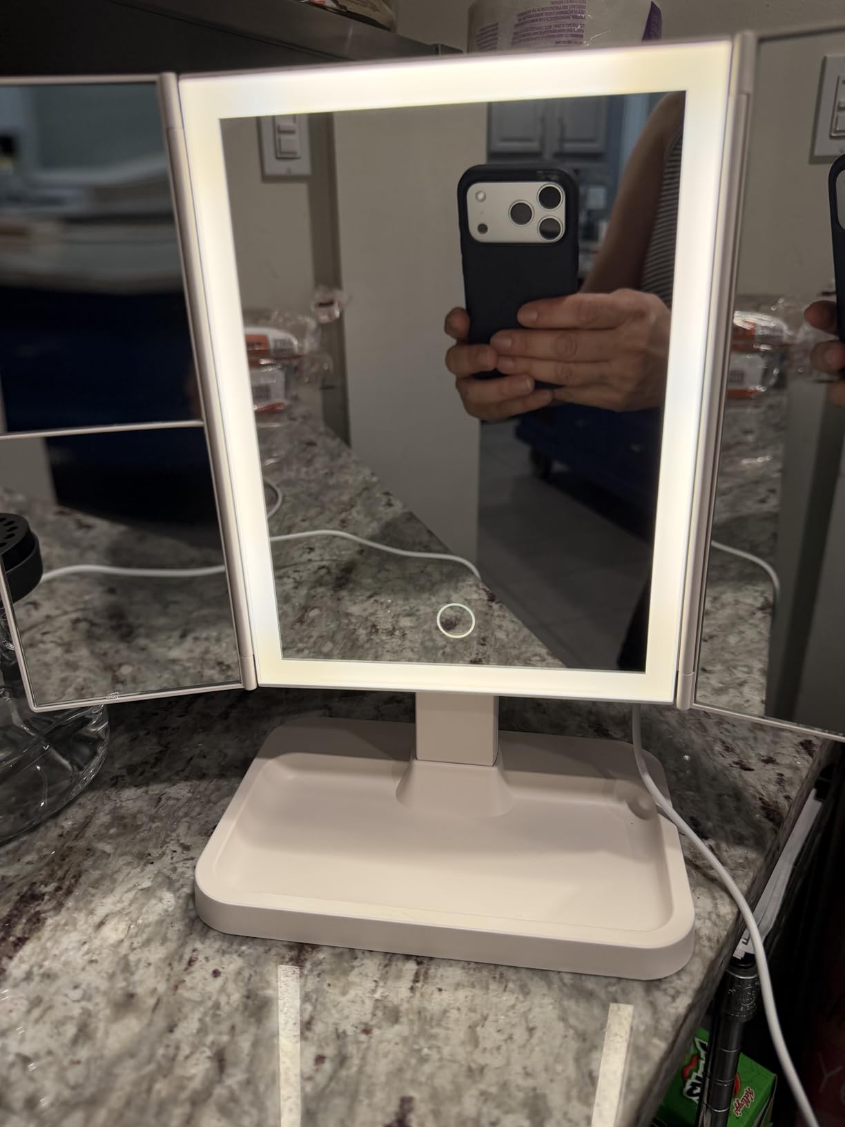 Small Makeup Vanity Desk 27.5''W with Mirror and Lights, Vanity Desk with 3 Fabric Drawers and Height-Adjustable Stand, Vanity Table for Girls Gifts, Bedroom and Small Spaces, White customer photo 1