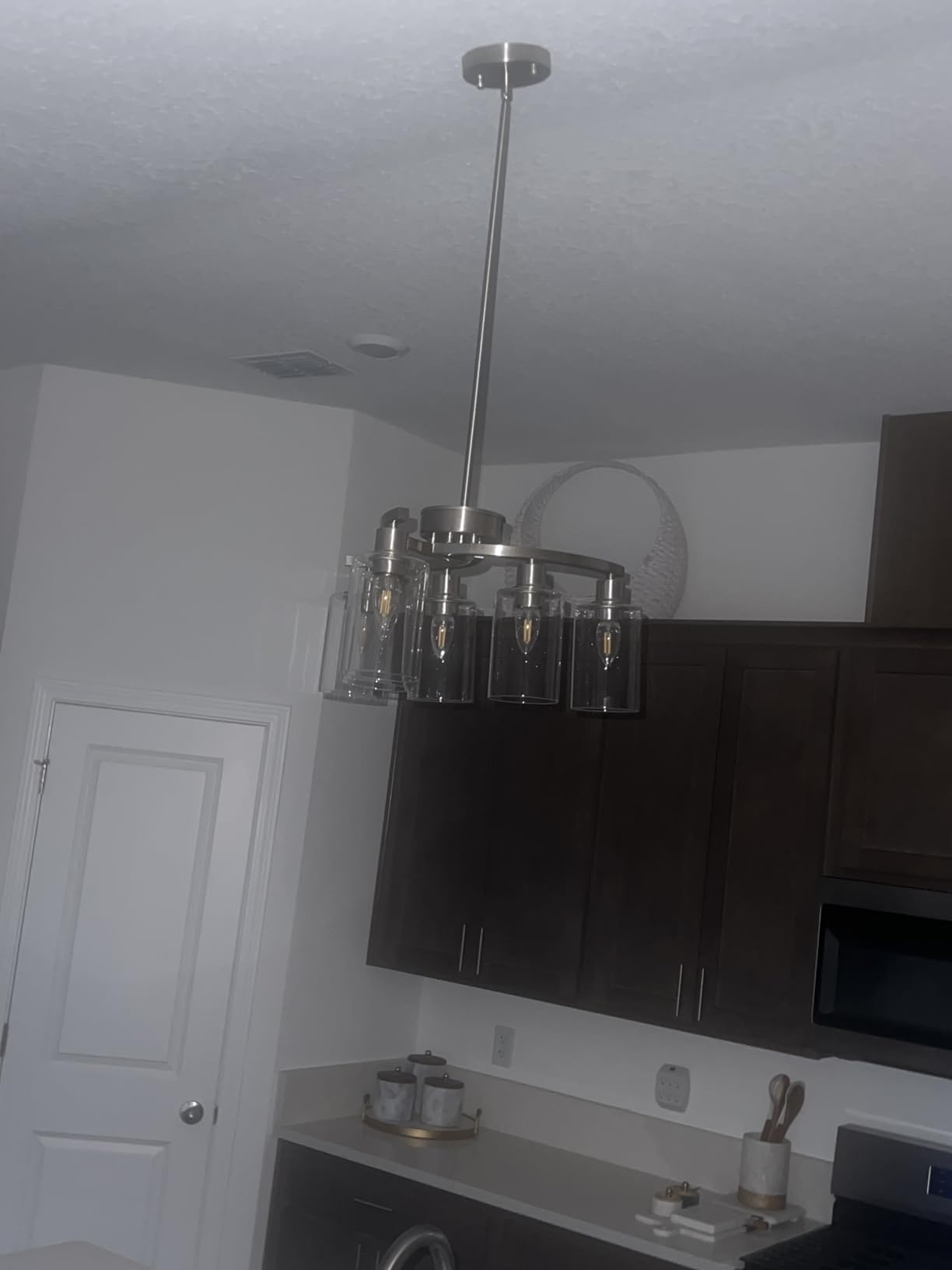 CNRATYE 6-Light Brushed Nickel Chandeliers for Dining Room Light Fixtures Over Table, Adjustable Height Hanging Industrial Pendant Lighting for Kitchen Island Bedroom, Clear Glass Shade customer photo 1