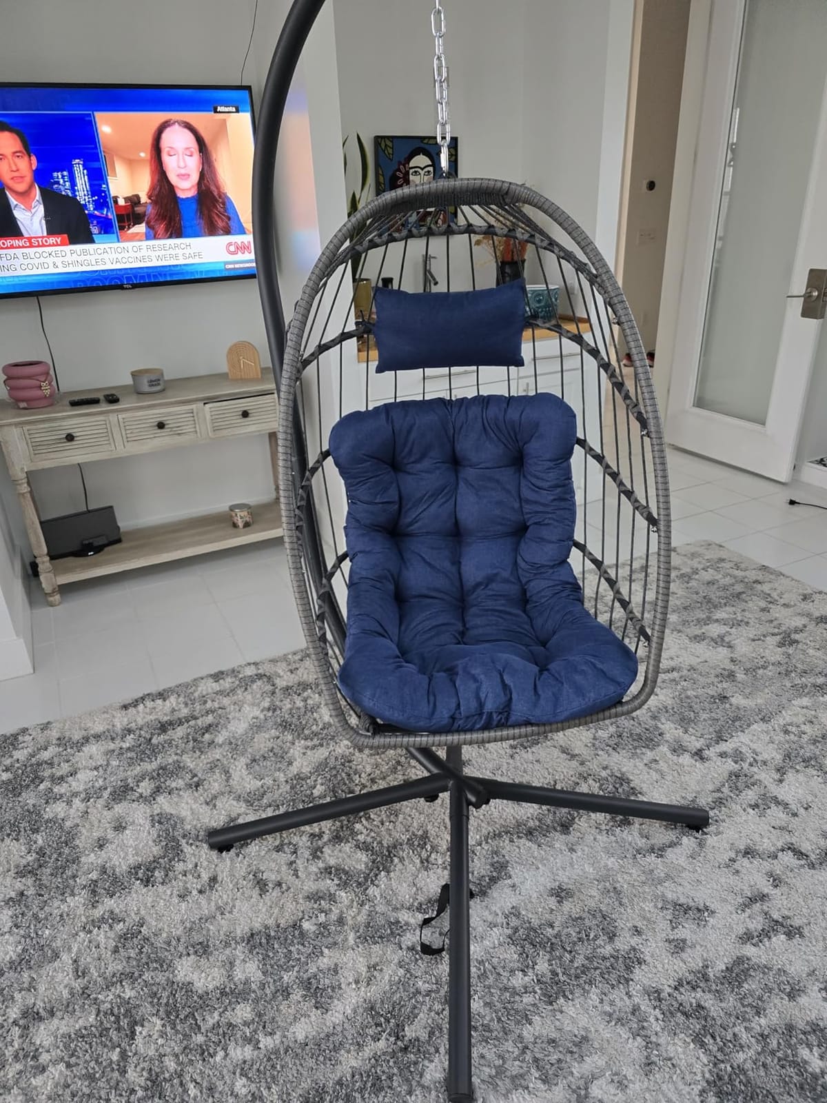 SWITTE Egg Chair Outdoor with Stand, Indoor Wicker Hanging Egg Swing Chair with Cushion, 350lbs Capacity for Patio, Bedroom, Garden - Dark Grey customer photo 2