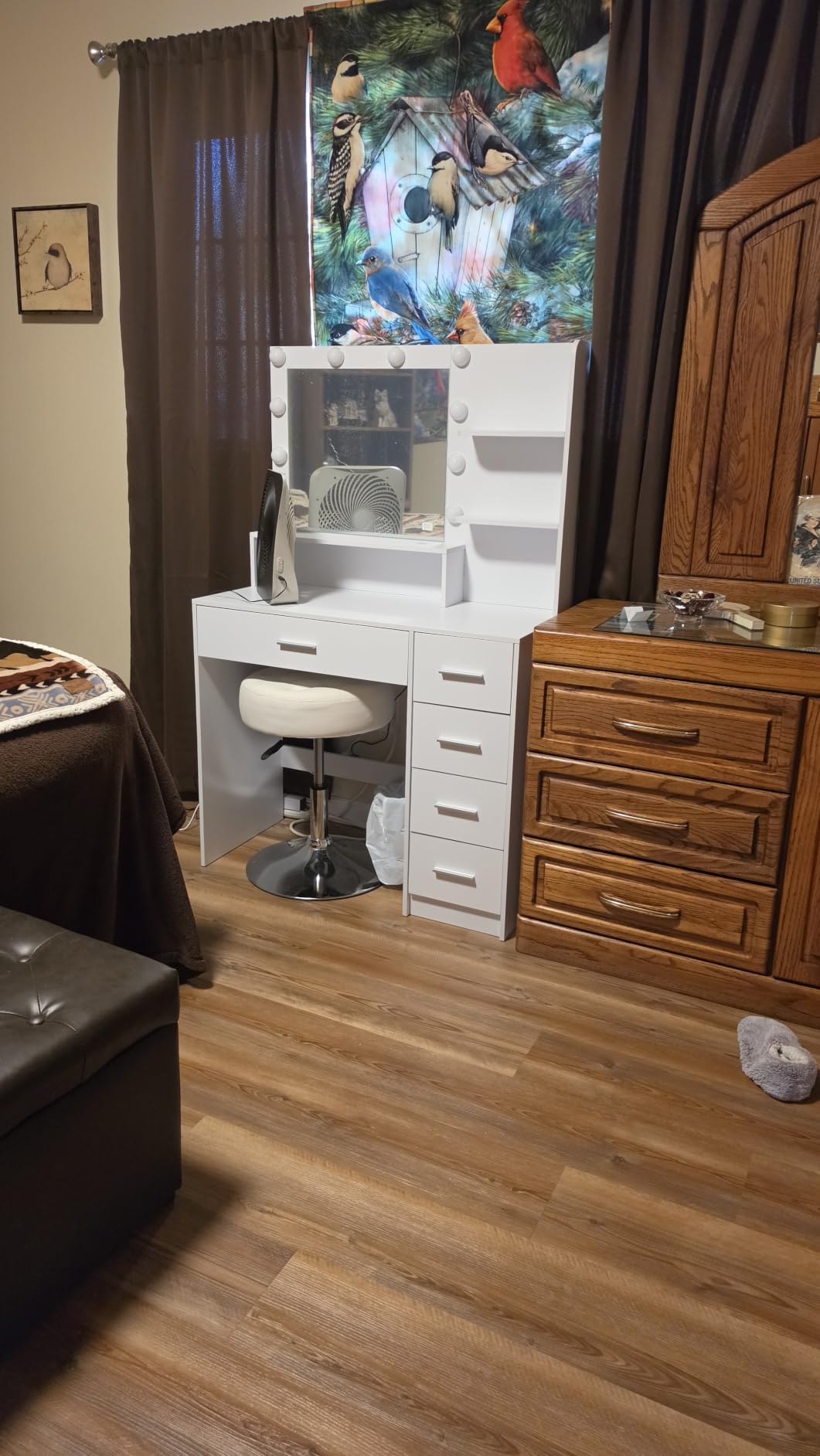 Quimoo Vanity Desk with Glass Top & Large Lights Mirror, 3 Adjustable Lighting Color, 44