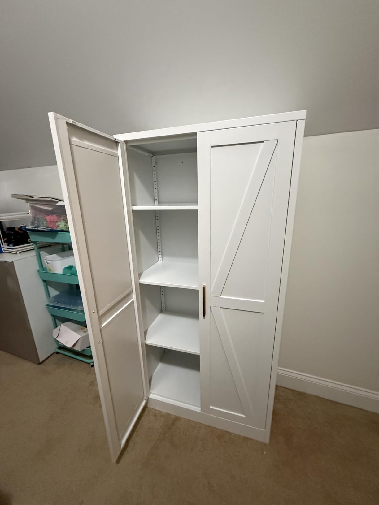 COFaR White Farmhouse Storage Kitchen Pantry Cabinet with 2 Barn Door, 3 Adjustable Shelves and Legs customer photo 1