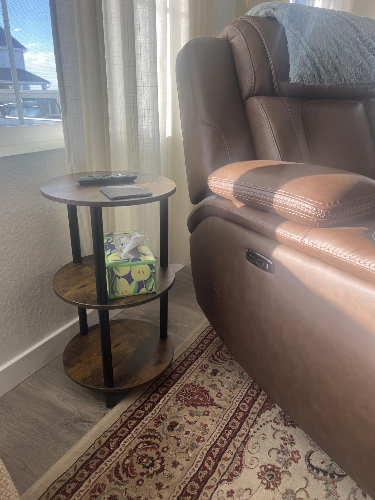 XBurmo Small Round Coffee Table - 3 Tier Design Accent Table, Narrow Side or Bedside Stand, Industrial Vintage Nightstand for Bedroom, Living Room, or Small Spaces, Rustic Brown customer photo 1