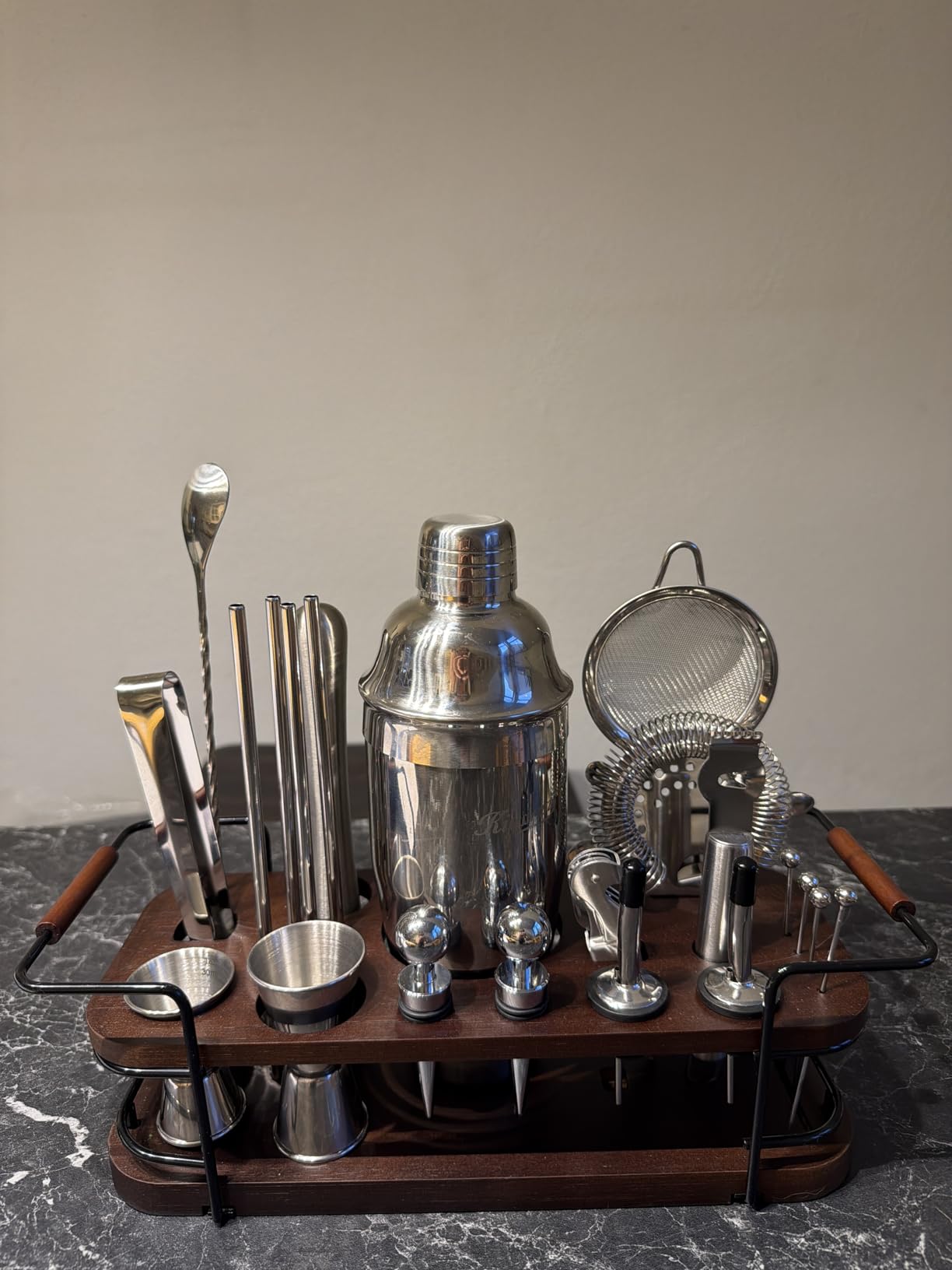 KITESSENSU Cocktail Shaker Set Bartender Kit with Stand | Complete 24-Piece Bar Set Cocktail Kit with All Bar Accessories: Martini Shaker, Jigger, Muddler | Drink Mixer Set for Home Bar Cocktails customer photo 2