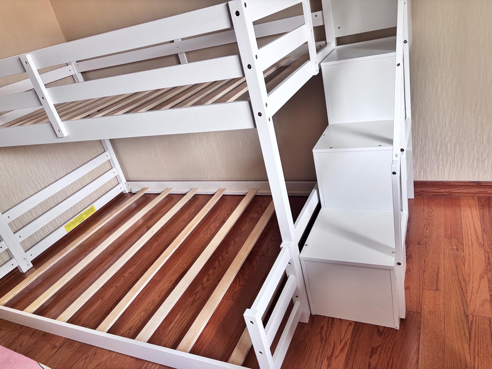 Giantex Twin Over Twin Bunk Bed with Stairs, Solid Wood Floor Bunk Bed with Storage Staircase & Full-Length Guardrails, Low Bunk Bed with for Kids, Teens, Adults, Dorm, Small Space, White customer photo 2