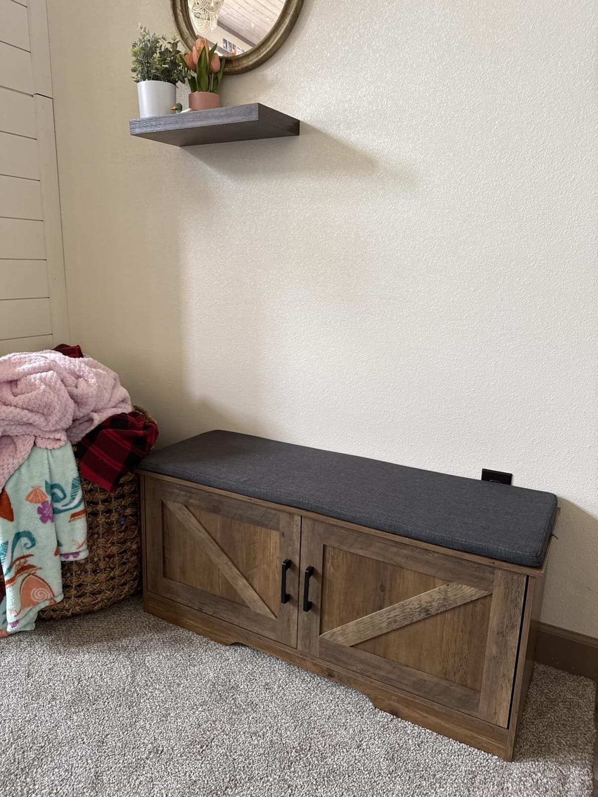 HOMSHO Farmhouse Shoe Storage Bench with 4 Barn Doors & Padded Seat Cushion | 47.2