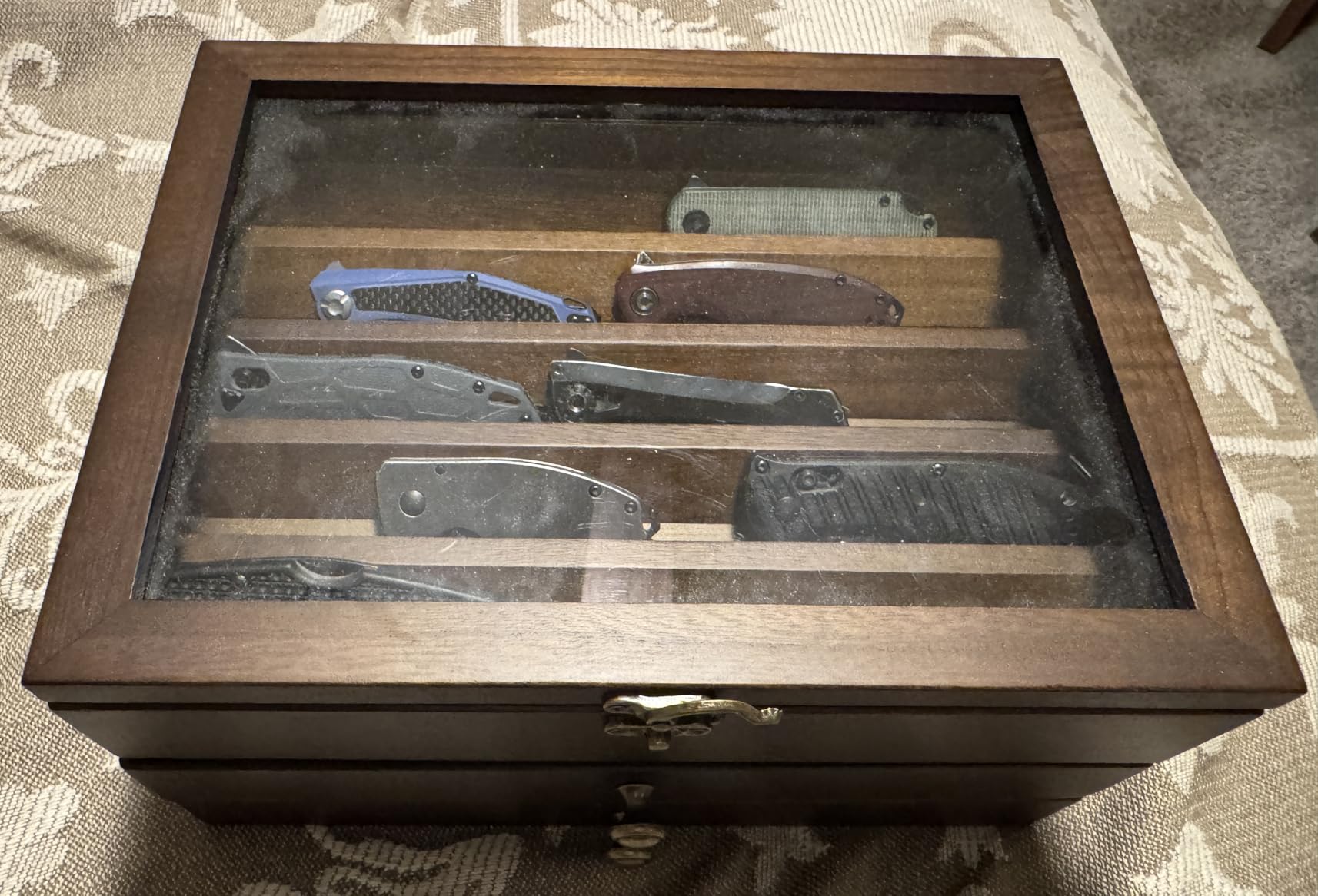 Knife Display Case, Knife Collection Display Holder with Glass Lid, 3-Layer Wooden Pocket Knife Case with Drawers (Walnut) customer photo 1
