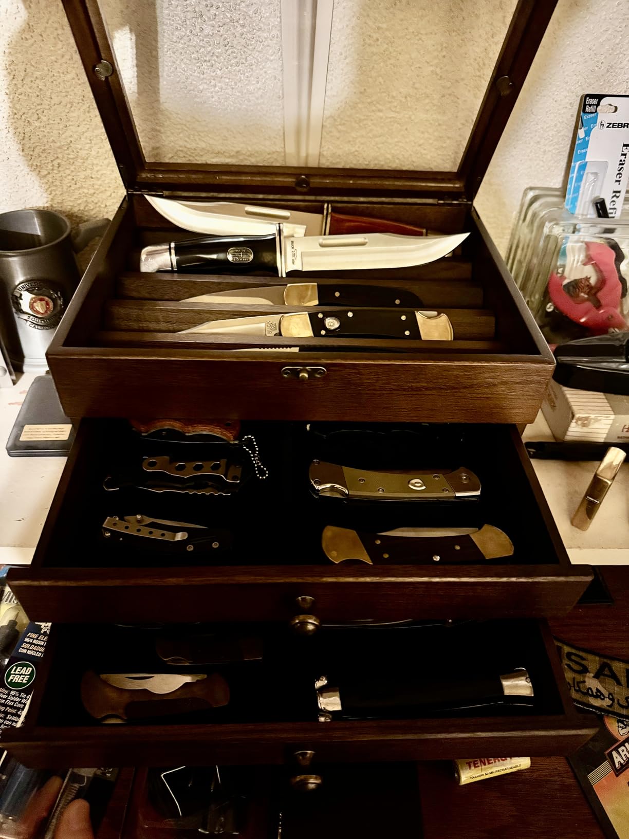 Knife Display Case, Knife Collection Display Holder with Glass Lid, 3-Layer Wooden Pocket Knife Case with Drawers (Walnut) customer photo 2