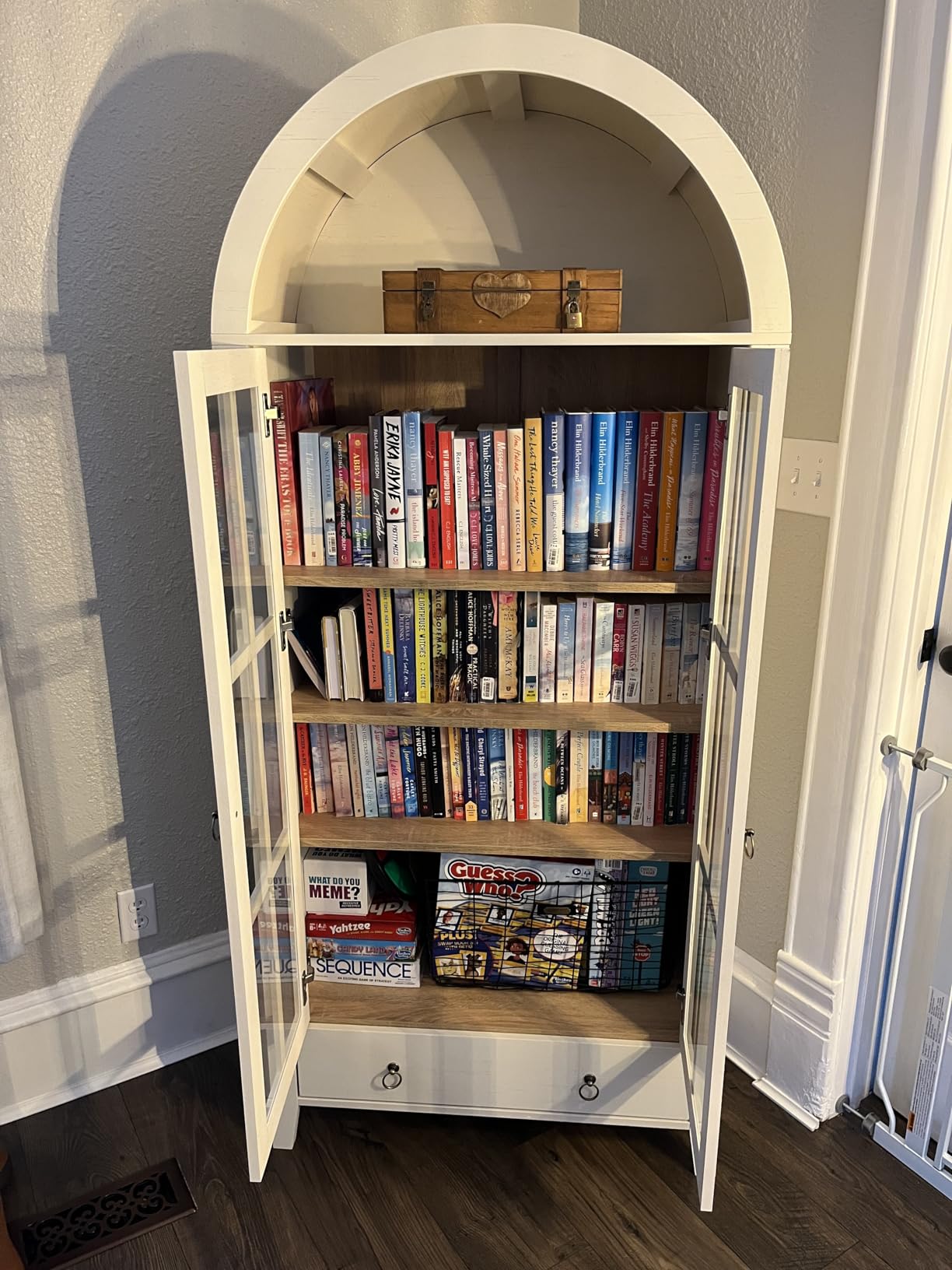 RowyPoey Farmhouse Arched Cabinet with Glass Doors, Wood Display Cabinet with Drawer and Adjustable Shelves, 71