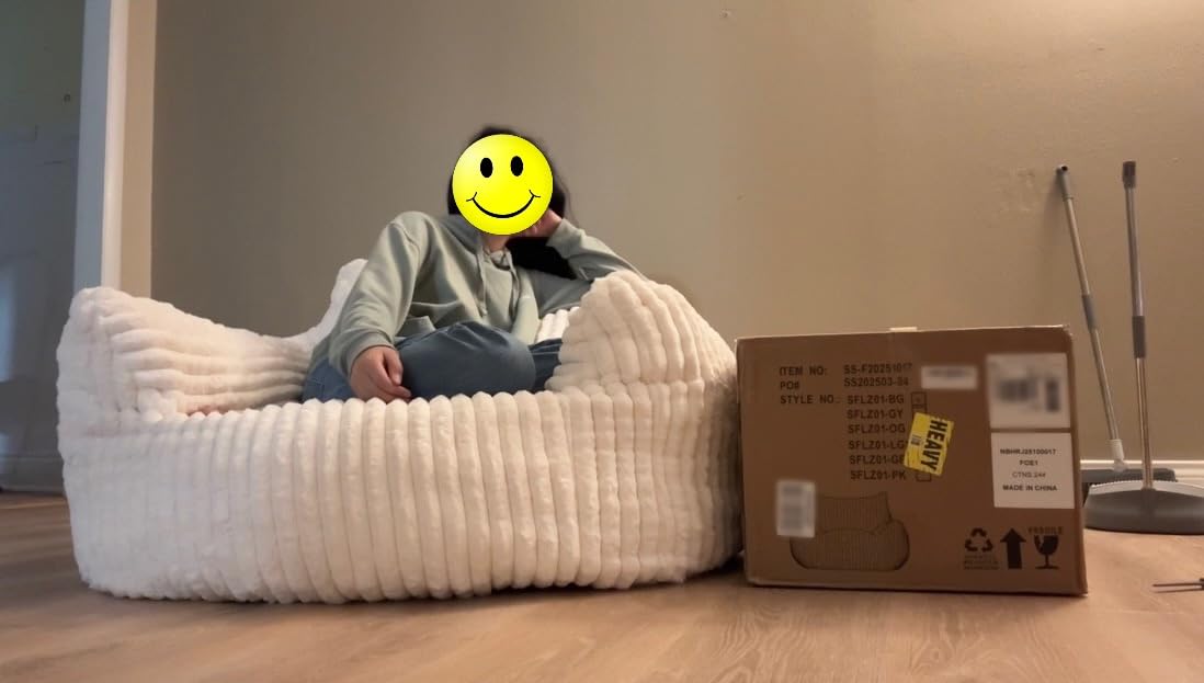 Giant Plush Bean Bag Chair for Adults with Armrests - Oversized Comfy Beige Beanbag Lounge Lazy Floor Sofa Accent Chair for Living Room, Bedroom & Dorm, Cozy Fluffy Single Cloud Mini Couch customer photo 2