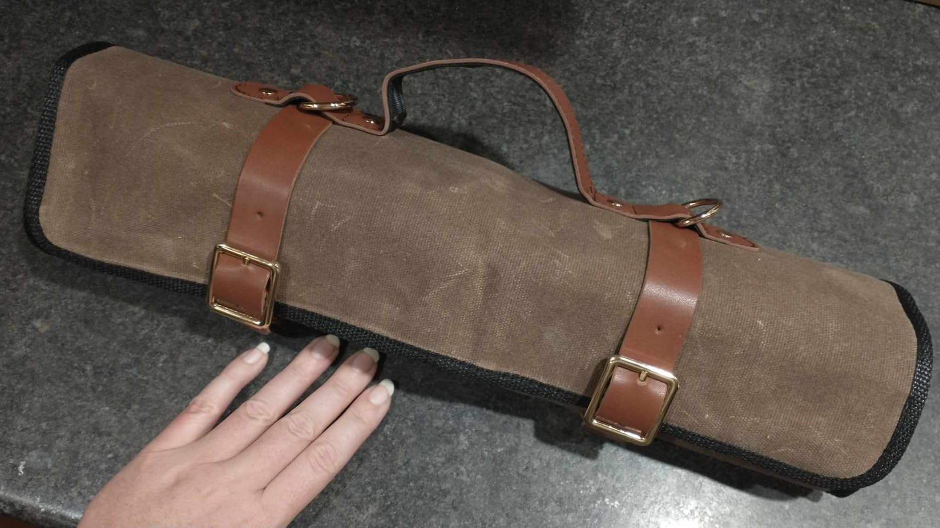 Knife Roll with Leather Straps and Metal Buckles, Double Layer Waxed Canvas Knife Bag, Large Chef Knife Bag with Handle and Shoulder Strap customer photo 2