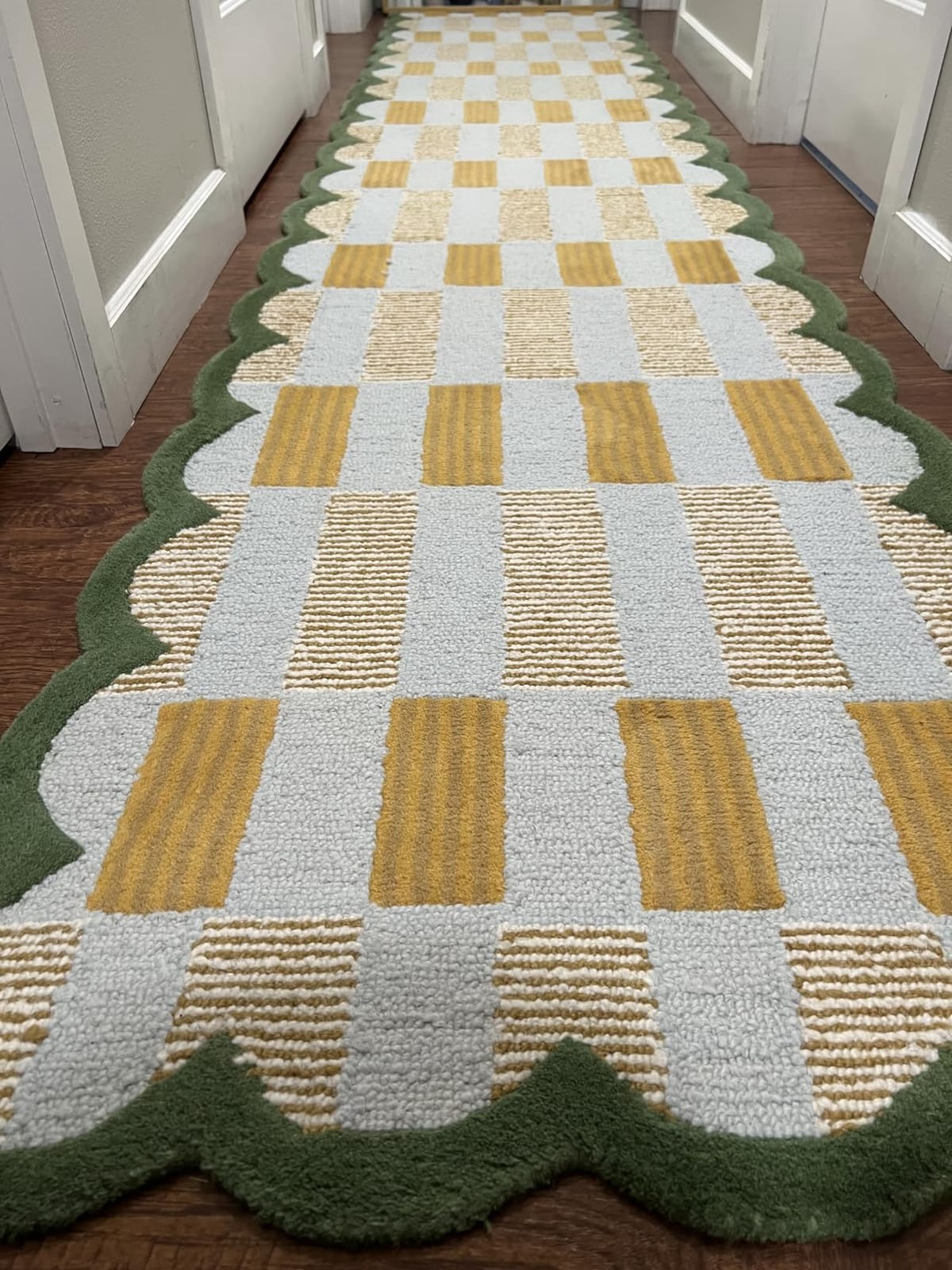 Hand Tufted Checkered 100% Wool Area Rug with Scalloped Edges - 5 x 7 Ft | Rectangular Light Blue Base, Mustard and Beige Blocks, Olive Green Scalloped Edge, Cotton Backing 10-15 mm Plush Pile Carpet customer photo 1