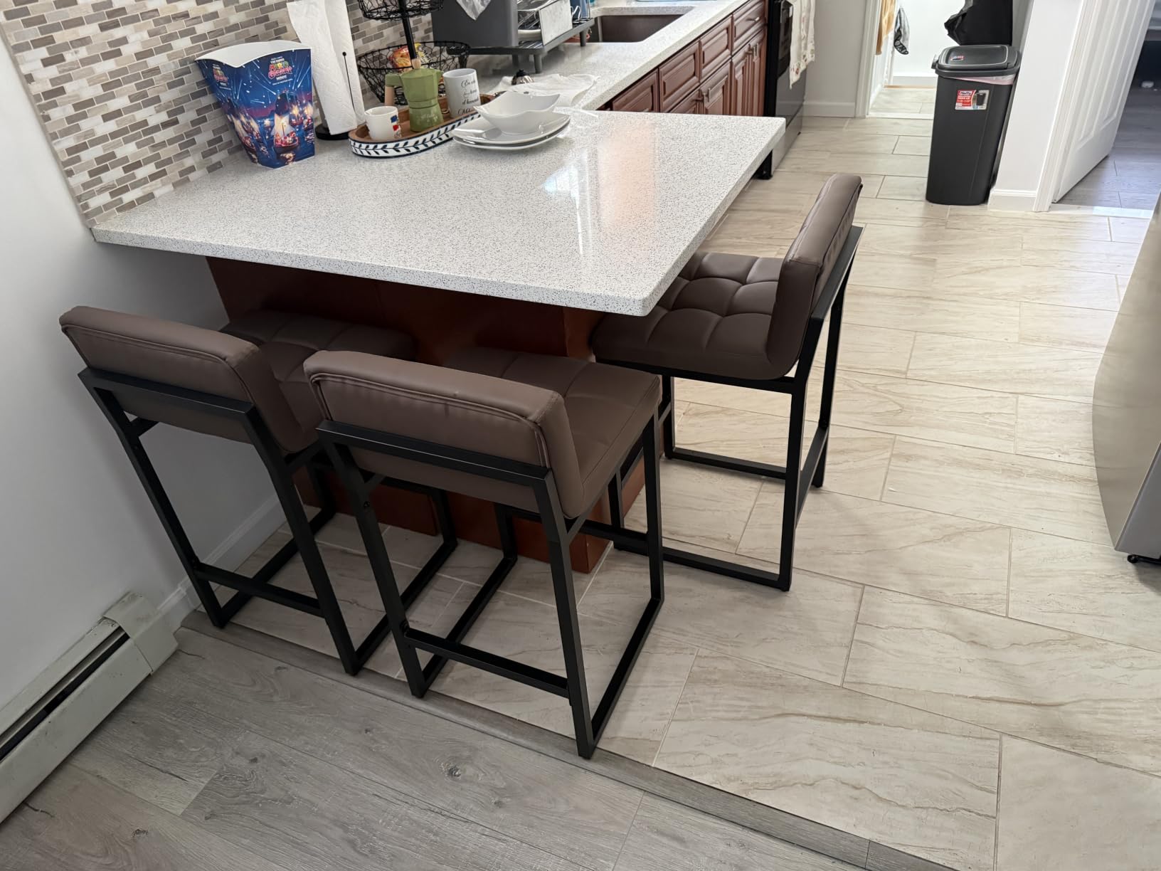 FIRAVOE Counter Height Bar Stools Set of 4, Upholstered Barstools with Back, Bar Chairs with Thickened Metal Legs, PU Leather Counter Stools for Kitchen Island, Coffee Brown customer photo 2